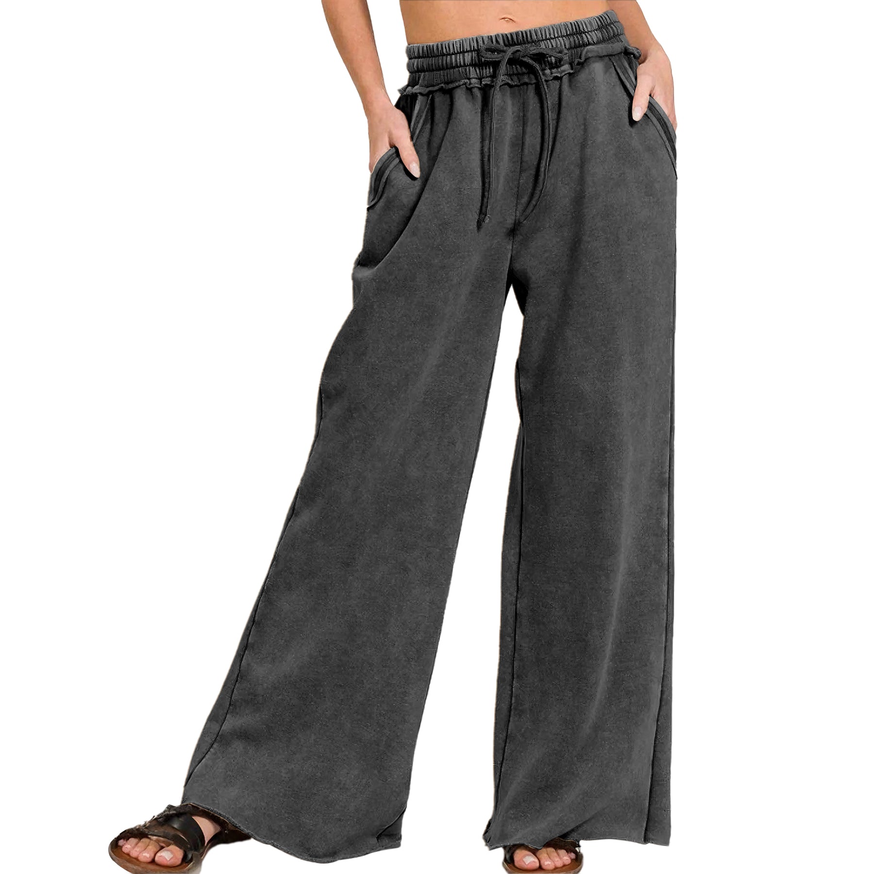 Ainangua Women Acid Wash Palazzo Sweatpants Casual High Waist Drawstring Wide Leg Pants Baggy Fleece Trousers with Pockets