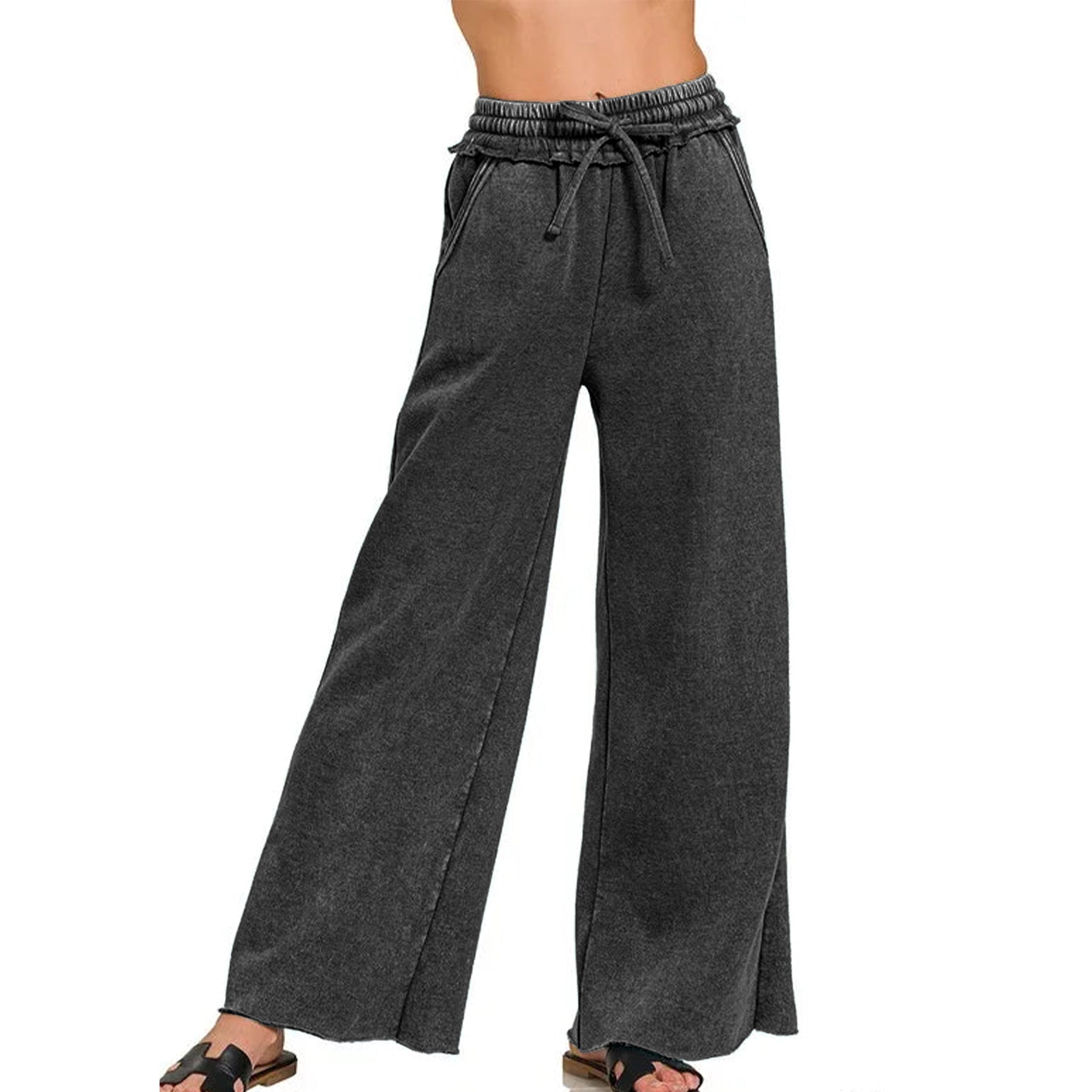 Ainangua Women Acid Wash Palazzo Sweatpants Casual High Waist Drawstring Wide Leg Pants Baggy Fleece Trousers with Pockets