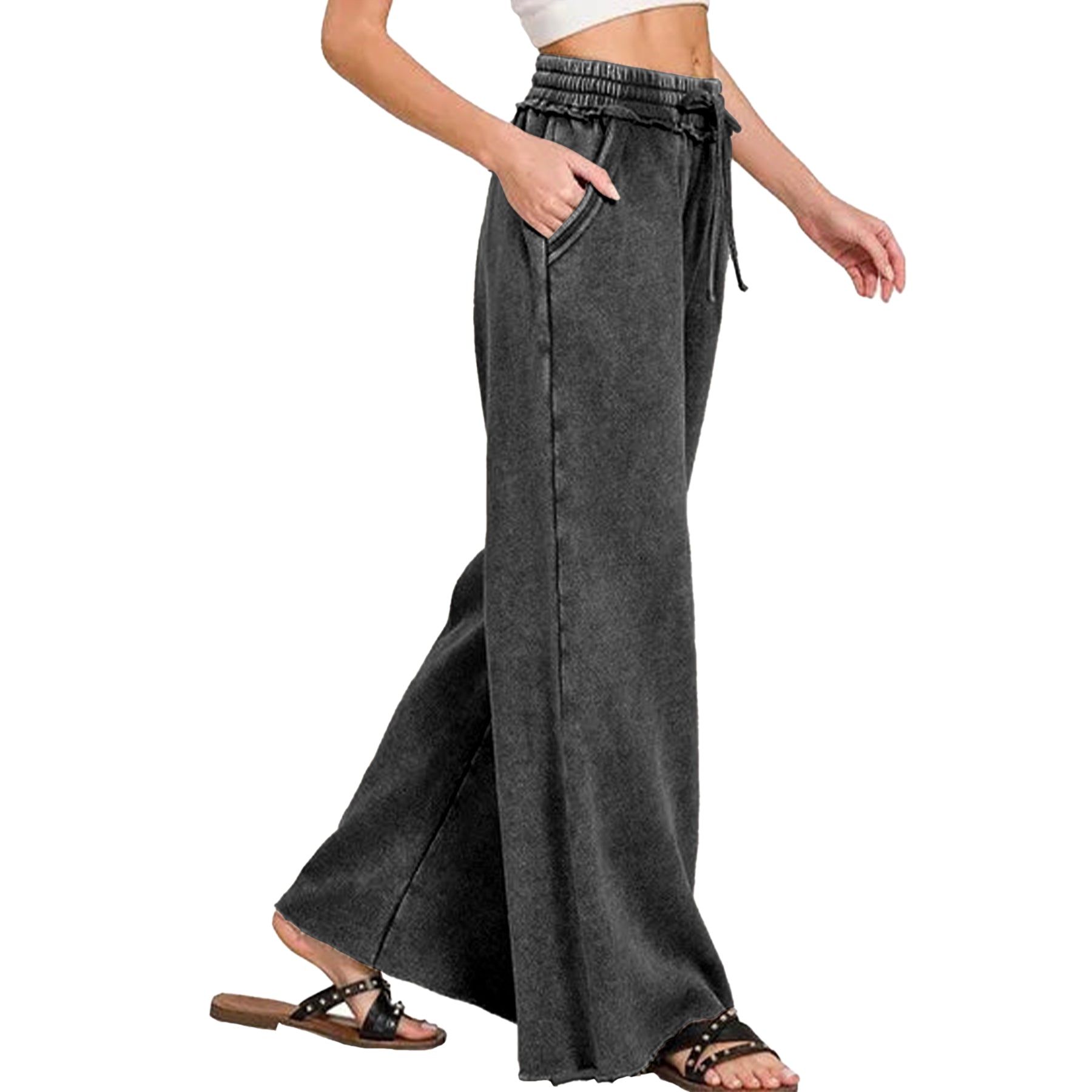 Ainangua Women Acid Wash Palazzo Sweatpants Casual High Waist Drawstring Wide Leg Pants Baggy Fleece Trousers with Pockets