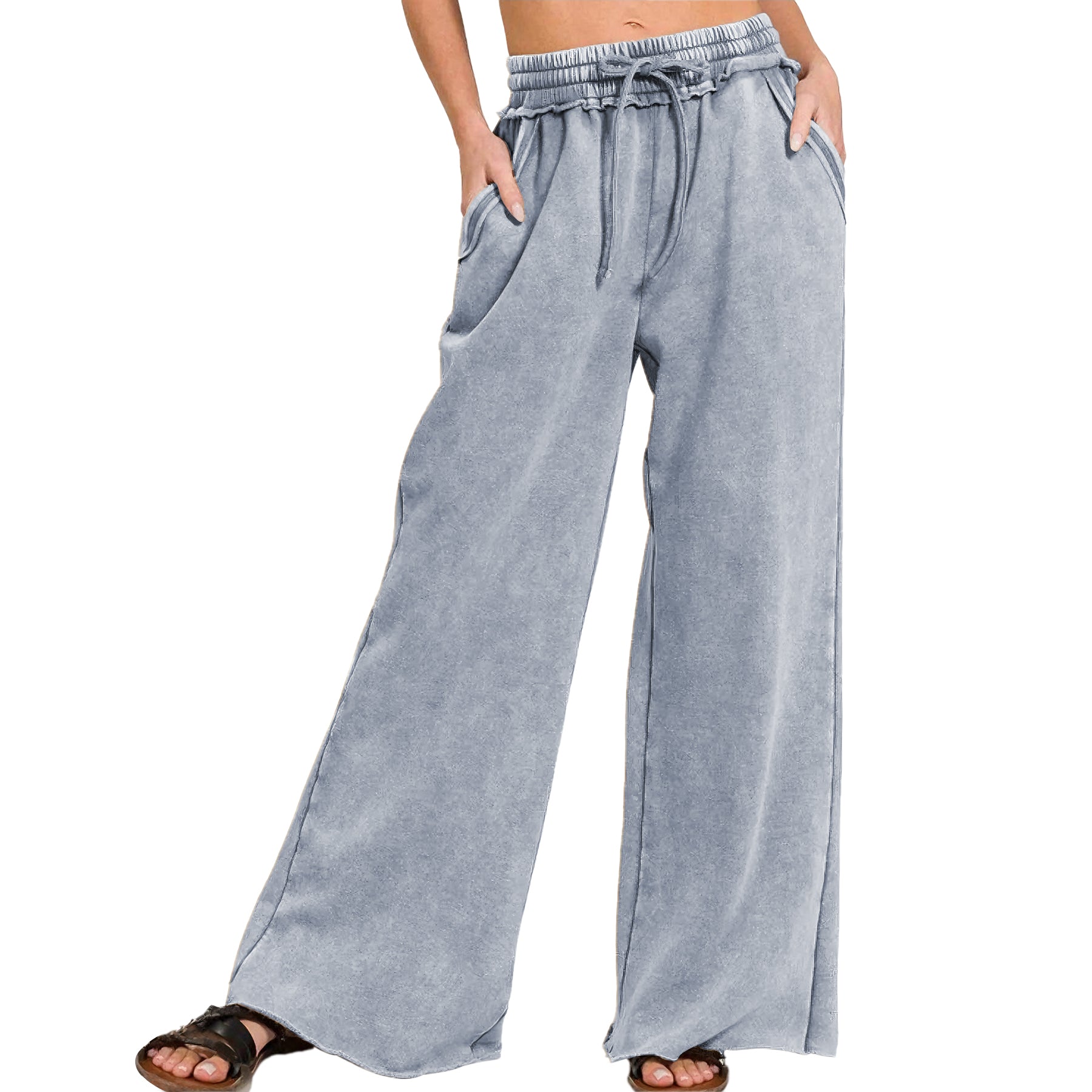 Ainangua Women Acid Wash Palazzo Sweatpants Casual High Waist Drawstring Wide Leg Pants Baggy Fleece Trousers with Pockets