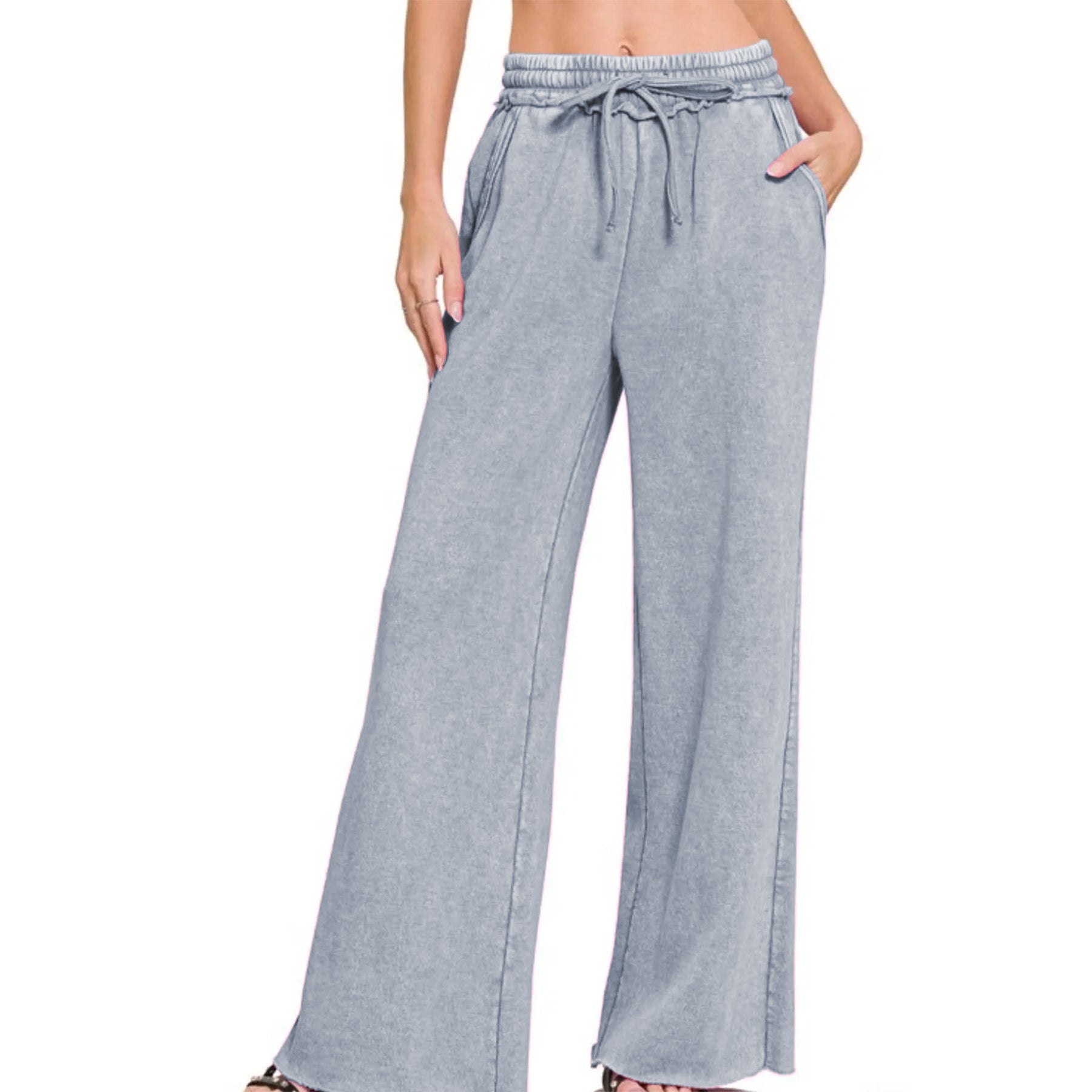 Ainangua Women Acid Wash Palazzo Sweatpants Casual High Waist Drawstring Wide Leg Pants Baggy Fleece Trousers with Pockets