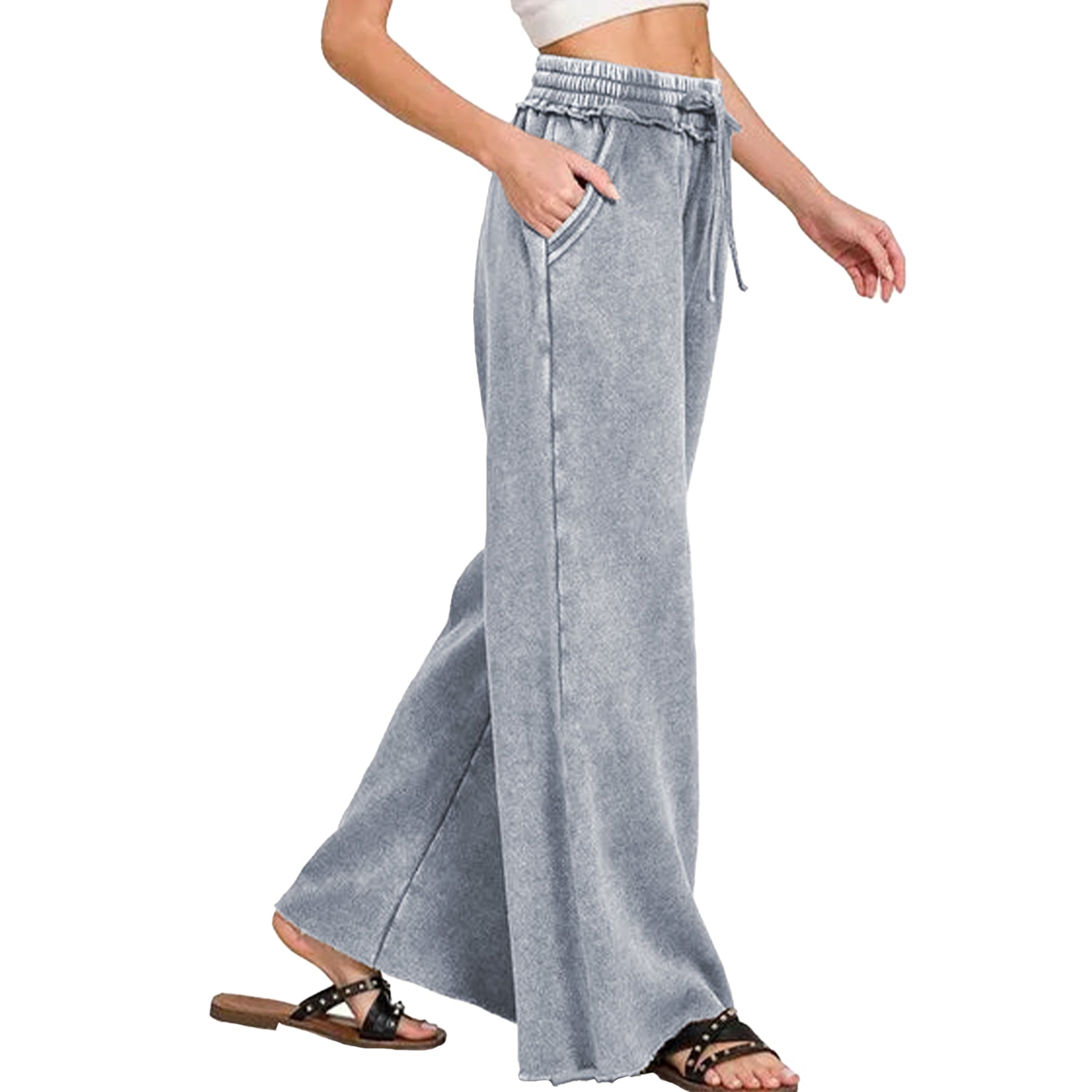 Ainangua Women Acid Wash Palazzo Sweatpants Casual High Waist Drawstring Wide Leg Pants Baggy Fleece Trousers with Pockets