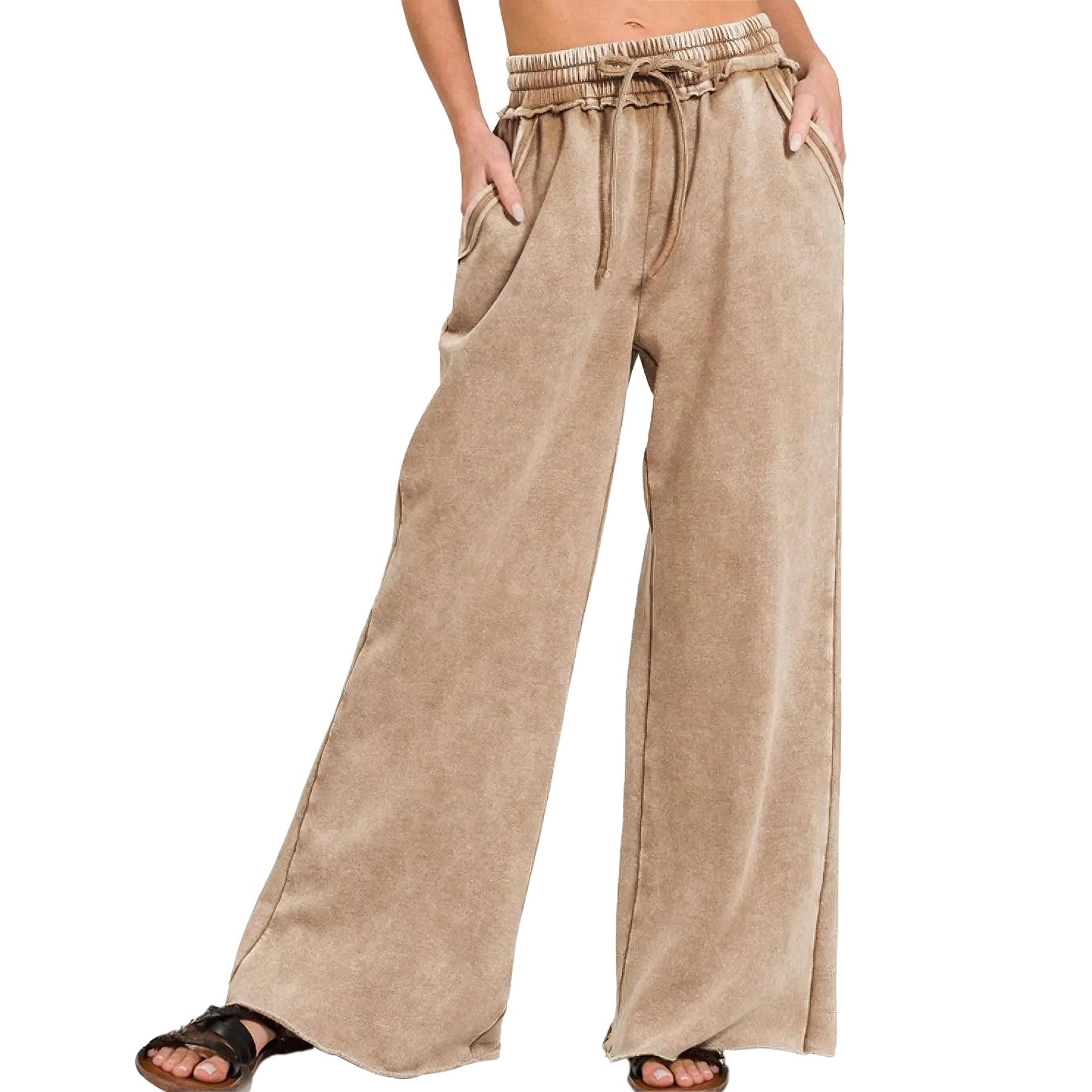 Ainangua Women Acid Wash Palazzo Sweatpants Casual High Waist Drawstring Wide Leg Pants Baggy Fleece Trousers with Pockets