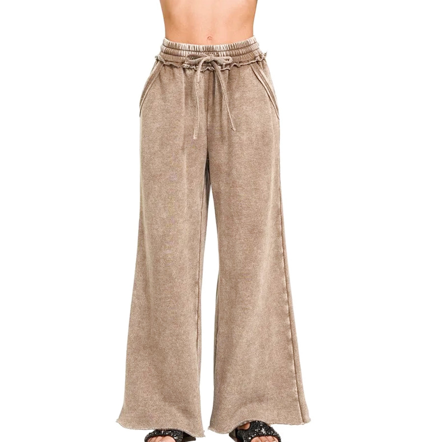 Ainangua Women Acid Wash Palazzo Sweatpants Casual High Waist Drawstring Wide Leg Pants Baggy Fleece Trousers with Pockets