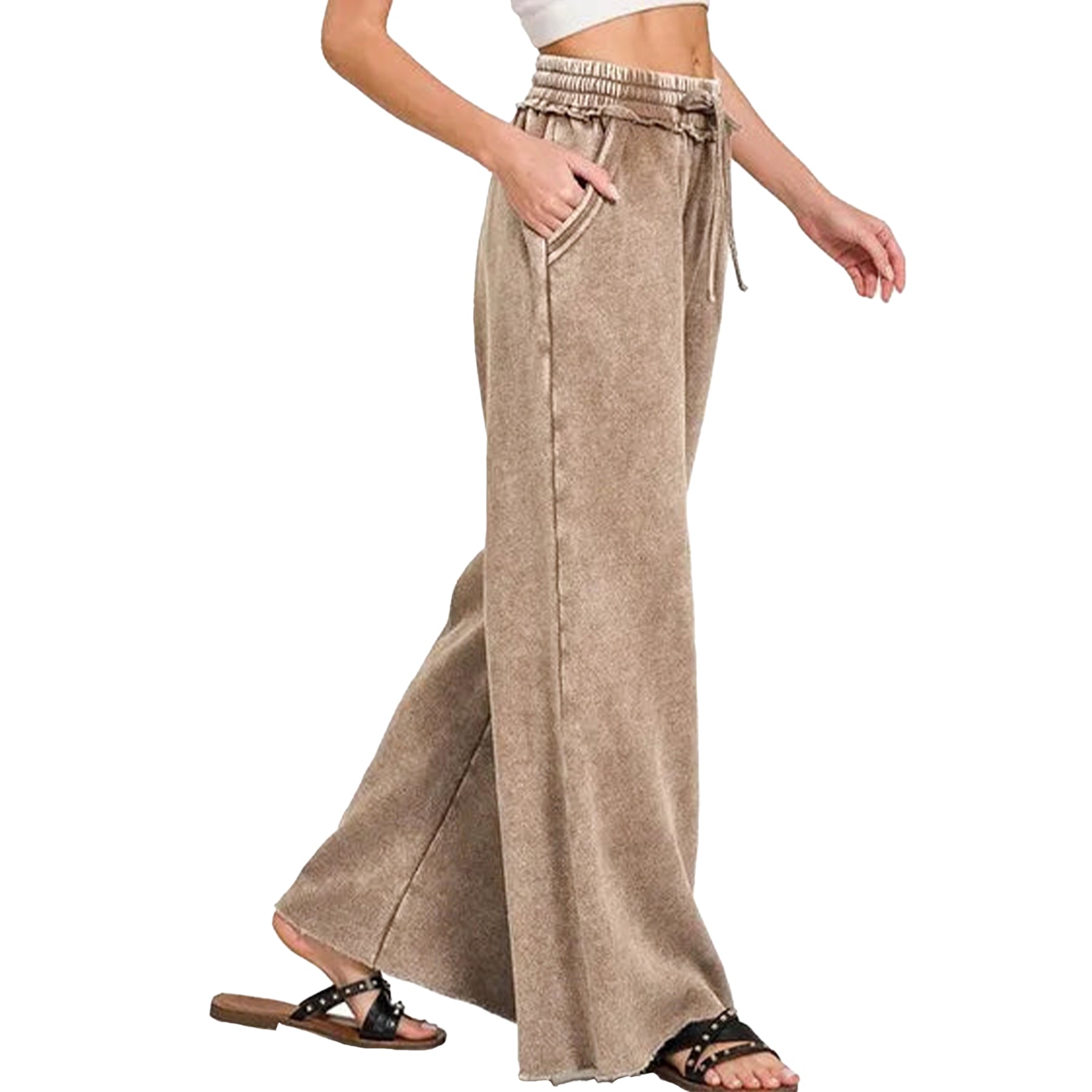 Ainangua Women Acid Wash Palazzo Sweatpants Casual High Waist Drawstring Wide Leg Pants Baggy Fleece Trousers with Pockets