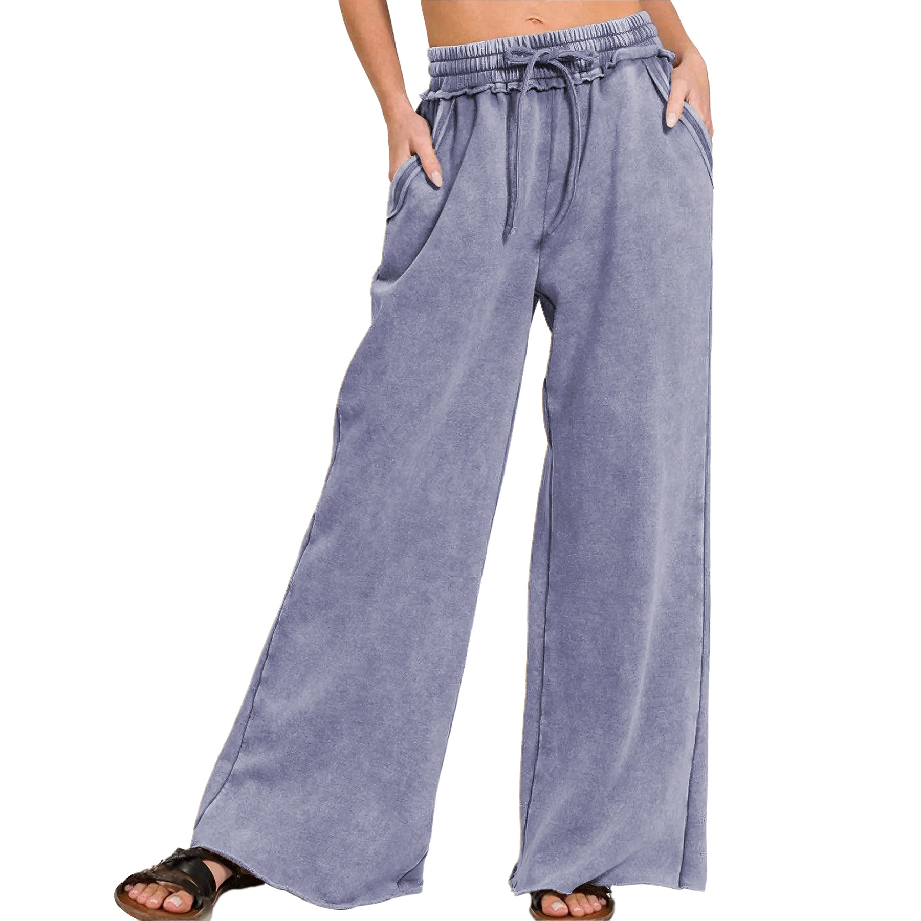 Ainangua Women Acid Wash Palazzo Sweatpants Casual High Waist Drawstring Wide Leg Pants Baggy Fleece Trousers with Pockets