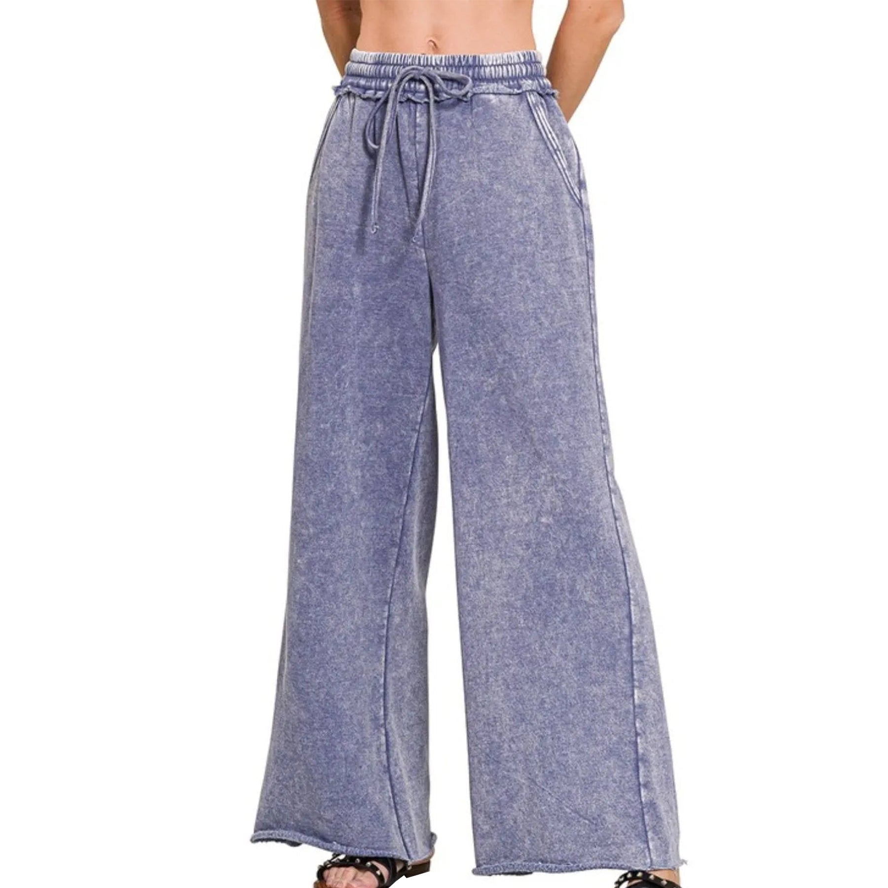 Ainangua Women Acid Wash Palazzo Sweatpants Casual High Waist Drawstring Wide Leg Pants Baggy Fleece Trousers with Pockets