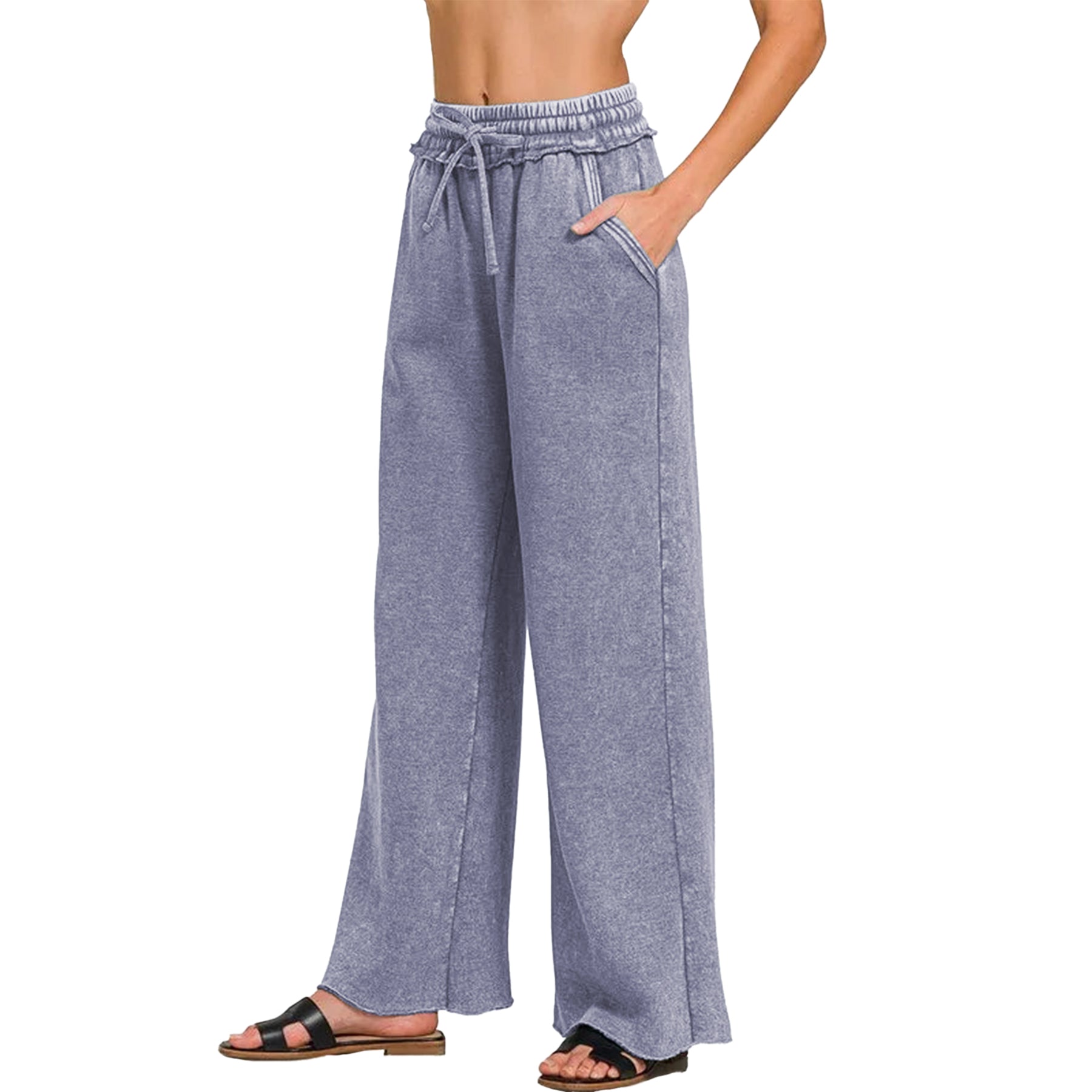 Ainangua Women Acid Wash Palazzo Sweatpants Casual High Waist Drawstring Wide Leg Pants Baggy Fleece Trousers with Pockets