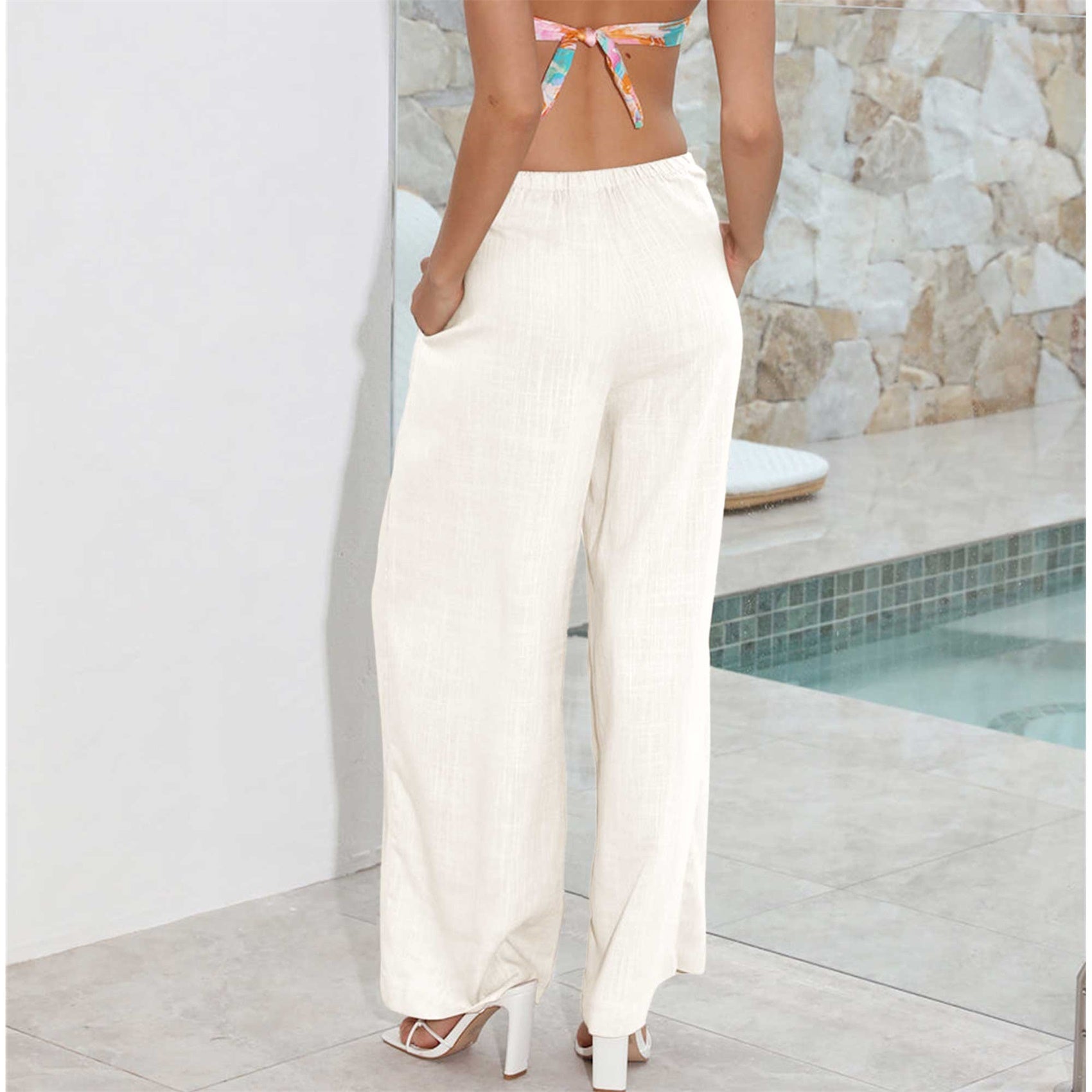 Womens Cotton Linen Palazzo Pants Drawstring Elastic Waist Casual Wide Leg Trousers with Pockets