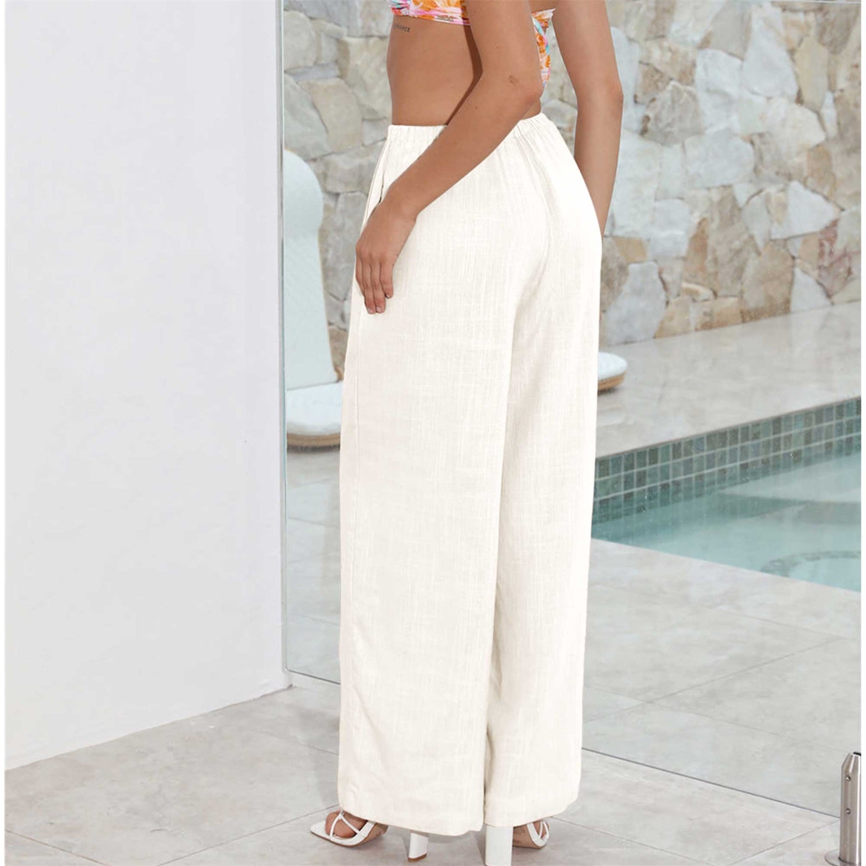 Womens Cotton Linen Palazzo Pants Drawstring Elastic Waist Casual Wide Leg Trousers with Pockets