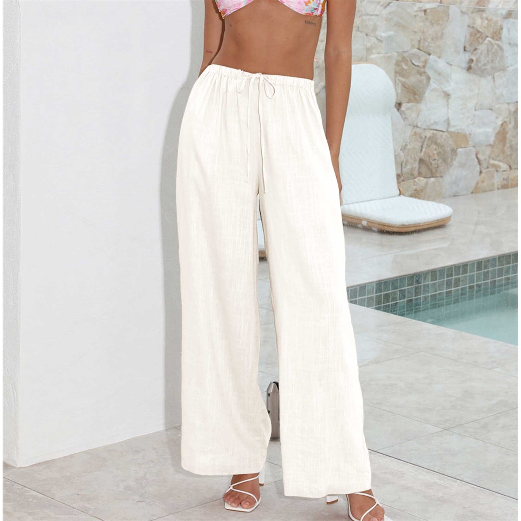 Womens Cotton Linen Palazzo Pants Drawstring Elastic Waist Casual Wide Leg Trousers with Pockets