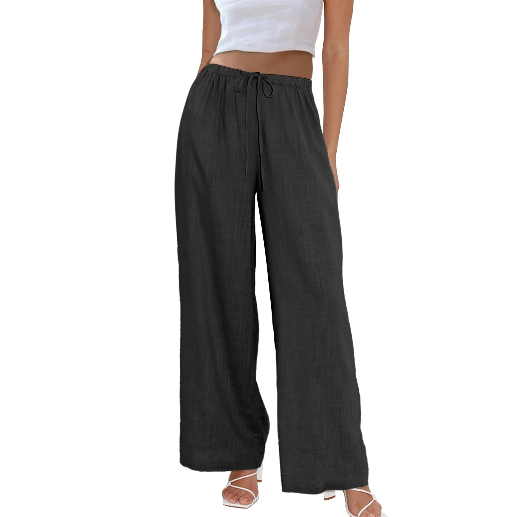 Womens Cotton Linen Palazzo Pants Drawstring Elastic Waist Casual Wide Leg Trousers with Pockets