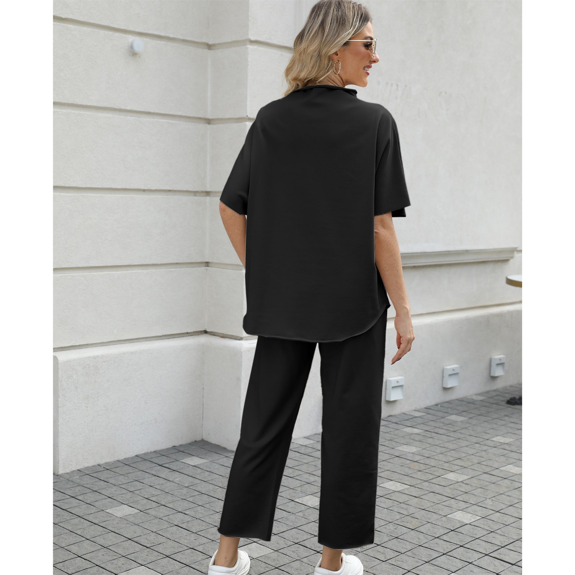 Women's Two Piece Outfits 3/4 Batwing Sleeve Capelet Crew Neck Pullover Top Wide Leg Pants Lounge Set