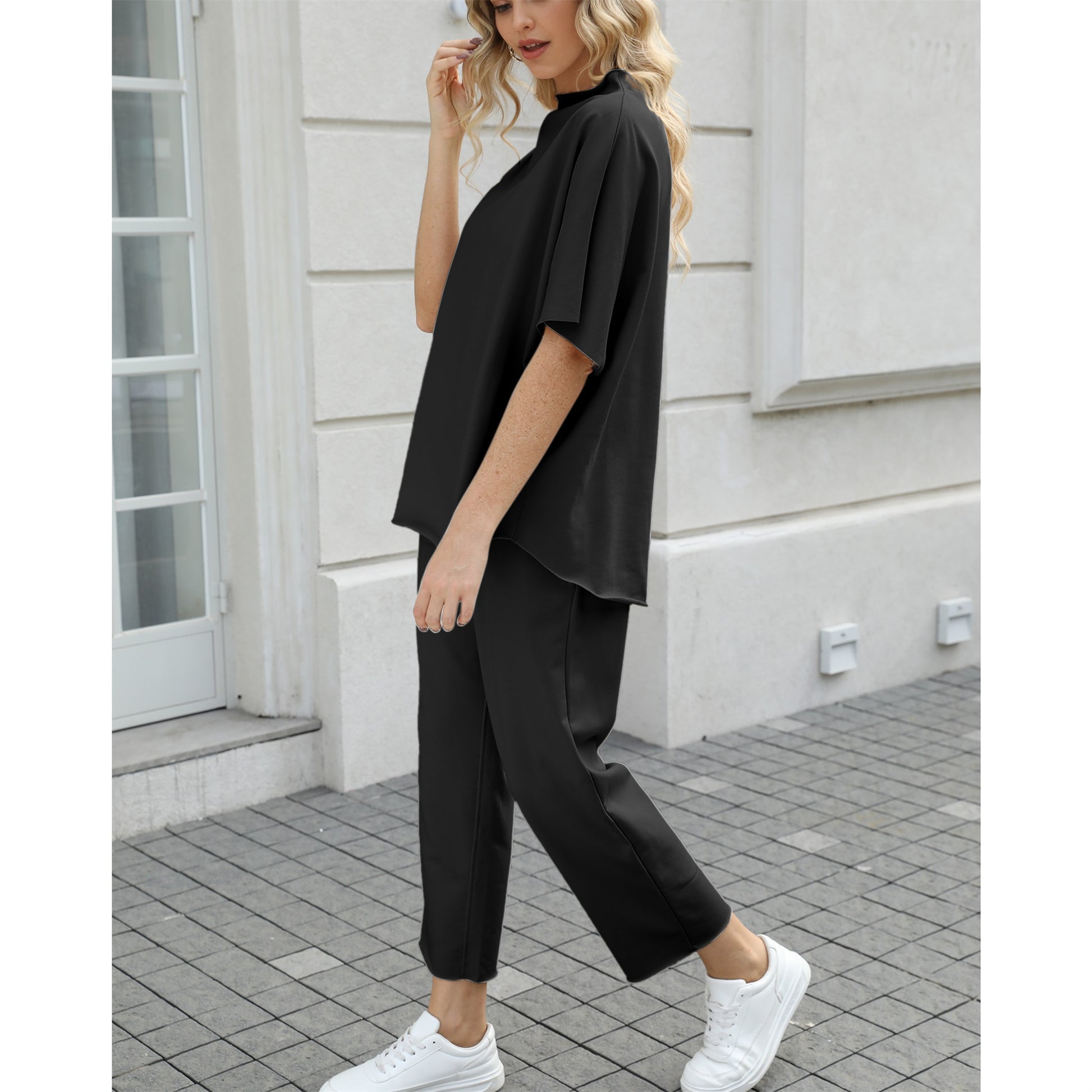 Women's Two Piece Outfits 3/4 Batwing Sleeve Capelet Crew Neck Pullover Top Wide Leg Pants Lounge Set