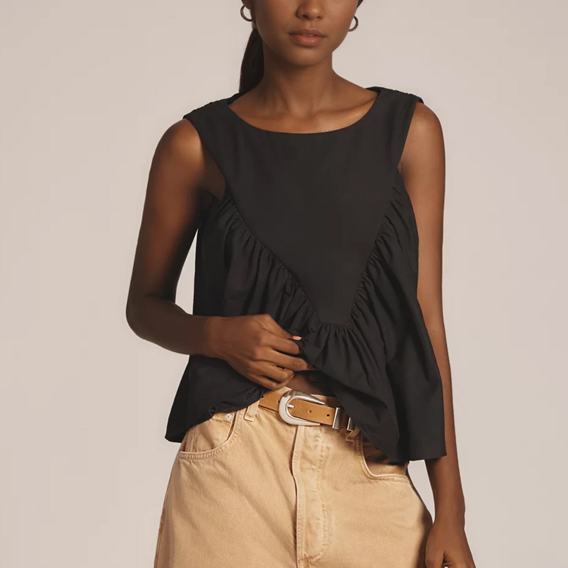 Shirred Swing Tank Tops for Women Fashion Flowy Sleeveless Shirts Casual Crew Neck Blouse Loose Fit Ruffled Tops