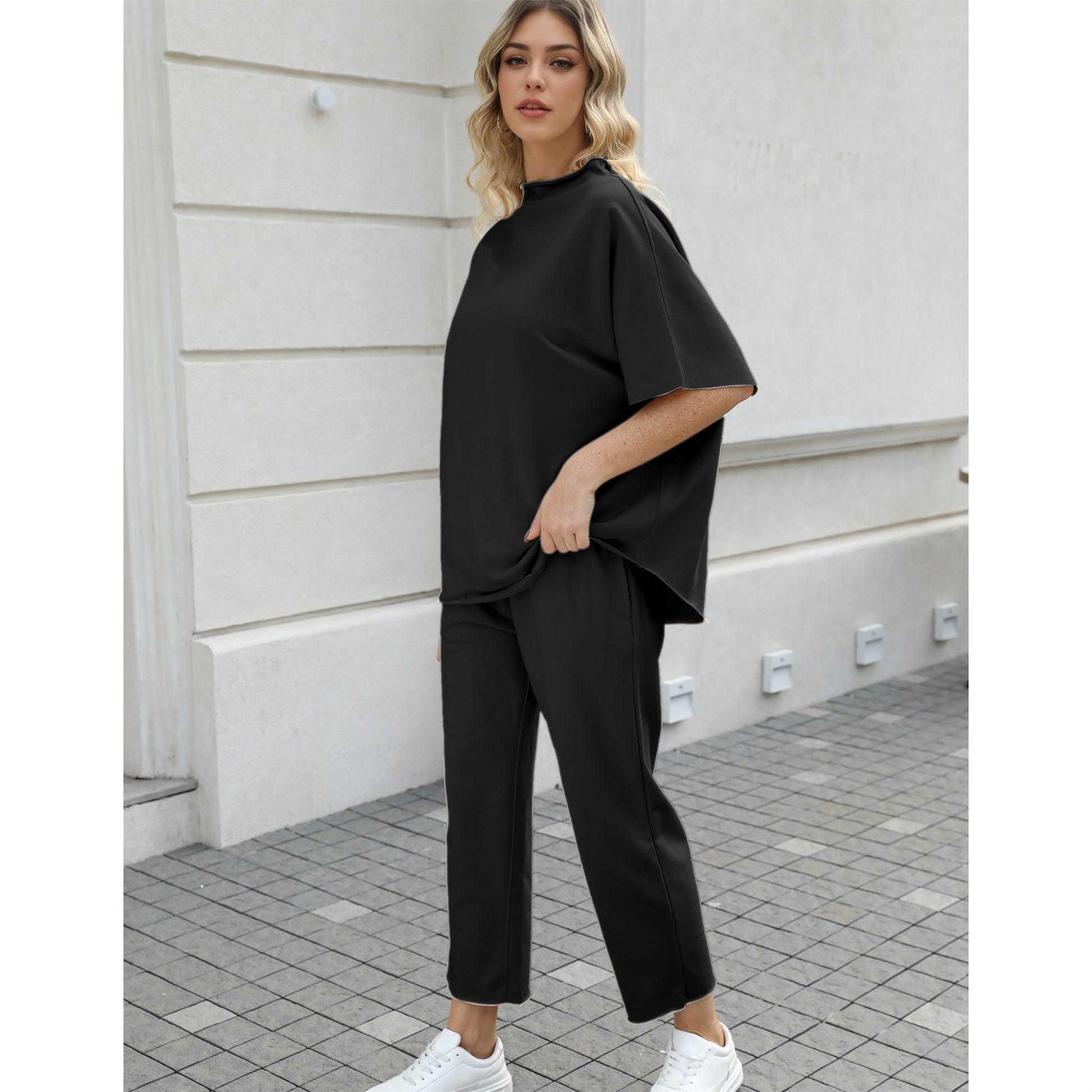 Women's Two Piece Outfits 3/4 Batwing Sleeve Capelet Crew Neck Pullover Top Wide Leg Pants Lounge Set