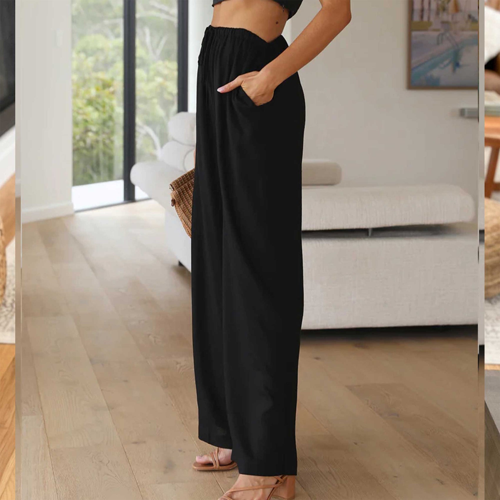 Womens Cotton Linen Palazzo Pants Drawstring Elastic Waist Casual Wide Leg Trousers with Pockets