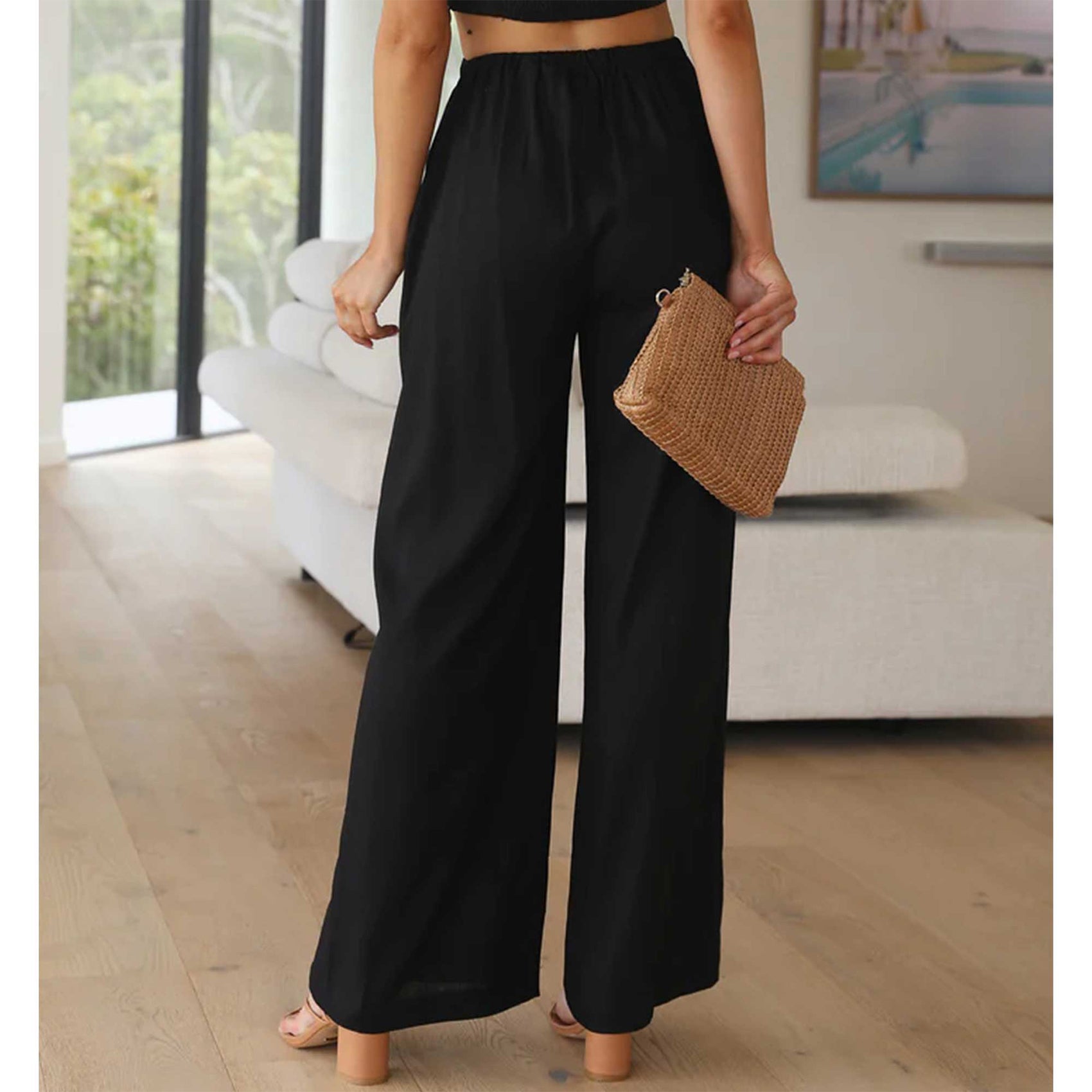 Womens Cotton Linen Palazzo Pants Drawstring Elastic Waist Casual Wide Leg Trousers with Pockets