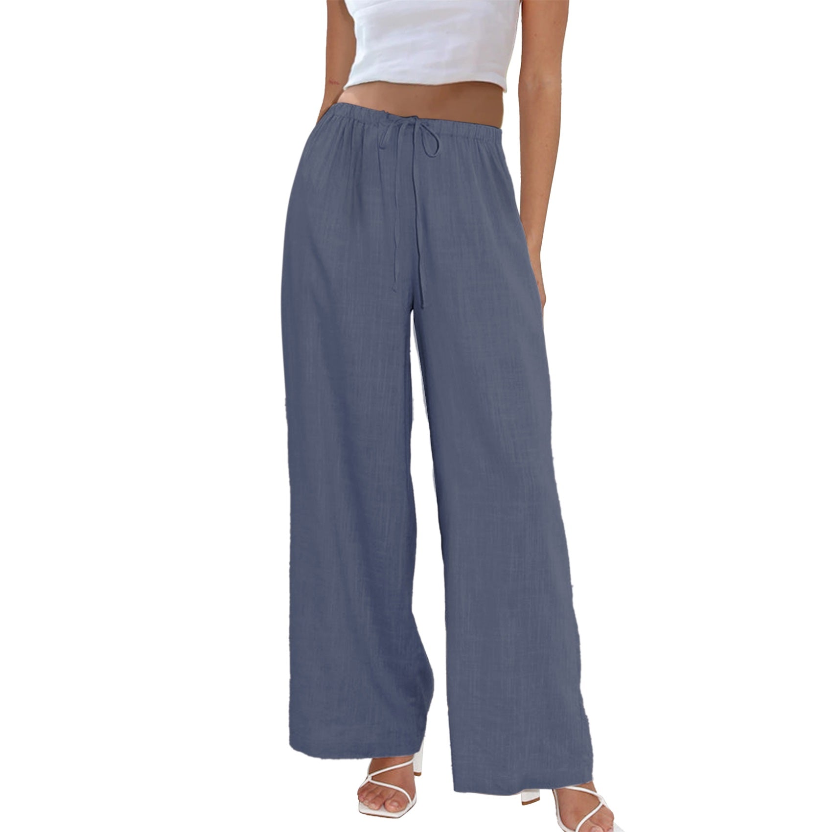 Womens Cotton Linen Palazzo Pants Drawstring Elastic Waist Casual Wide Leg Trousers with Pockets