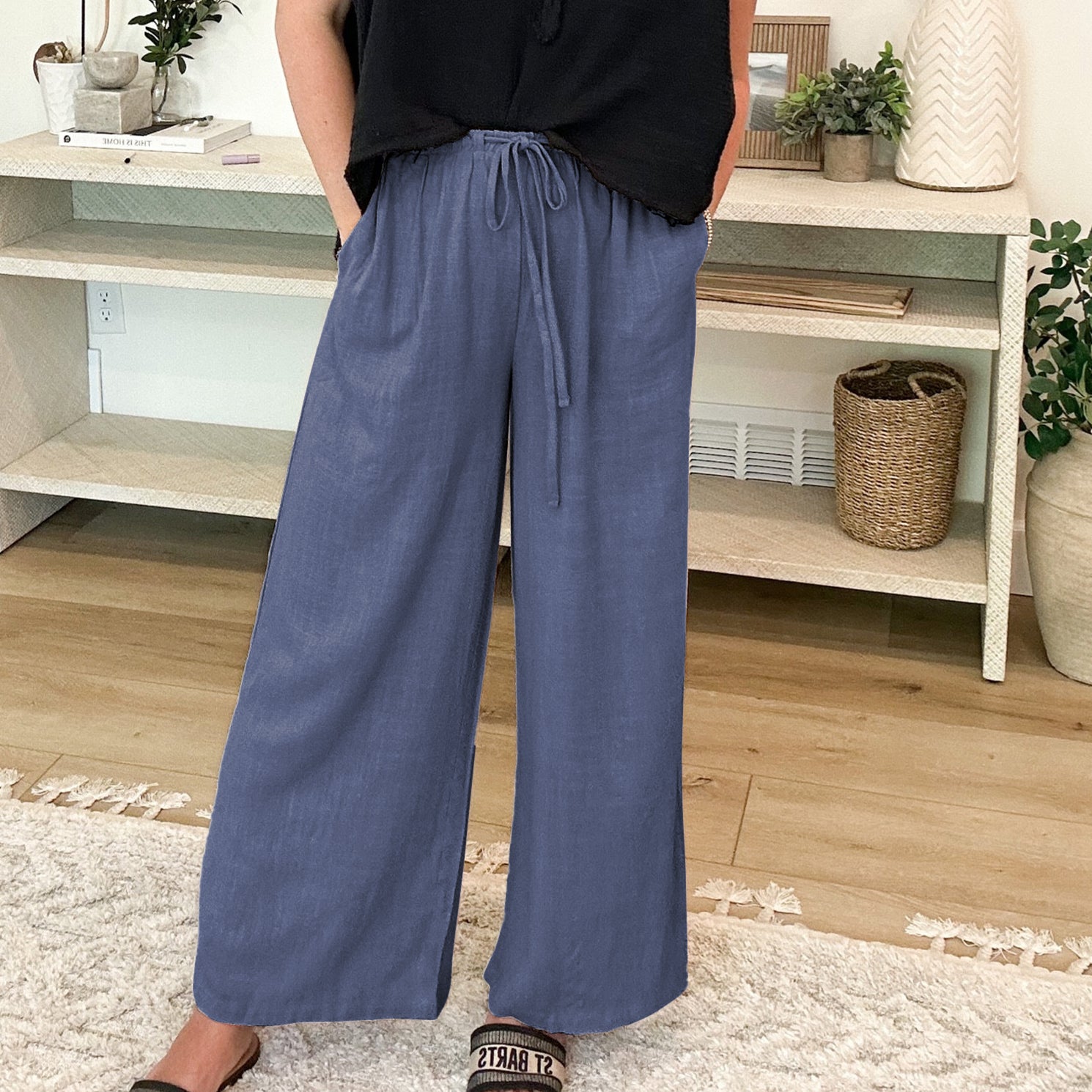 Womens Cotton Linen Palazzo Pants Drawstring Elastic Waist Casual Wide Leg Trousers with Pockets