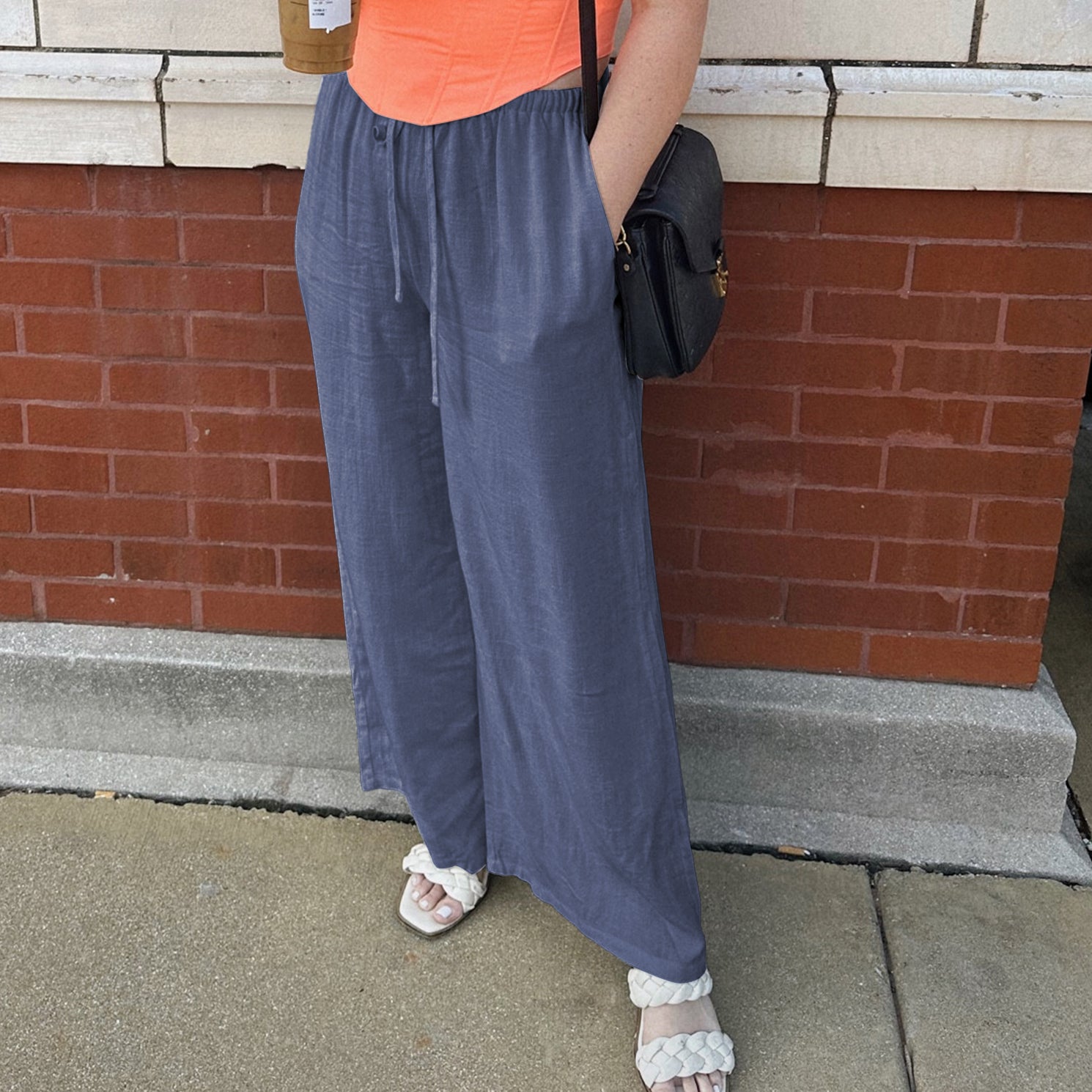 Womens Cotton Linen Palazzo Pants Drawstring Elastic Waist Casual Wide Leg Trousers with Pockets