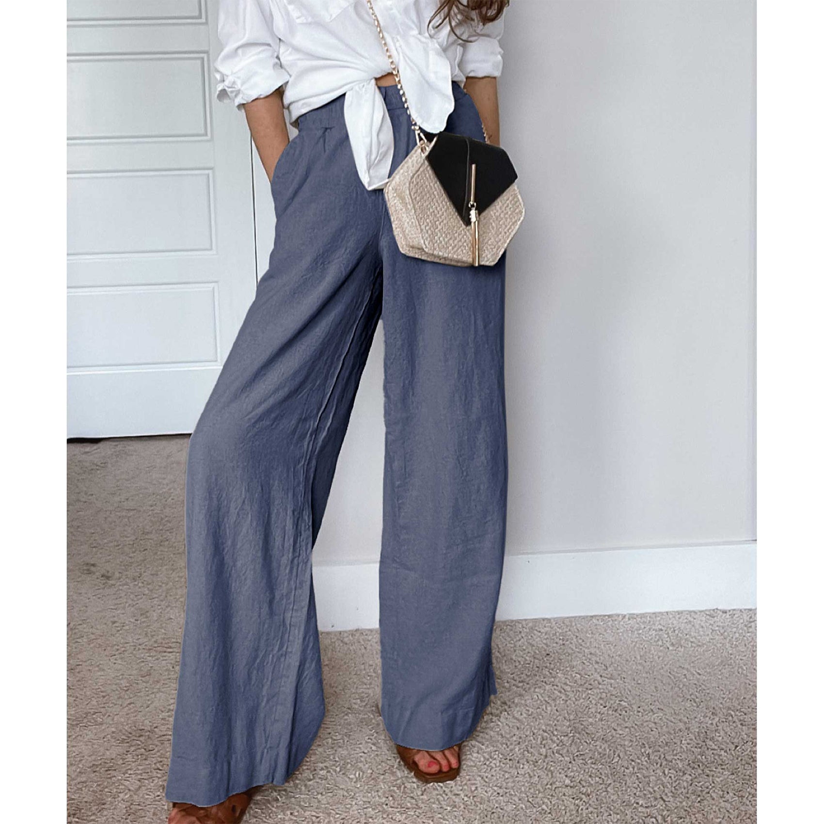 Womens Cotton Linen Palazzo Pants Drawstring Elastic Waist Casual Wide Leg Trousers with Pockets