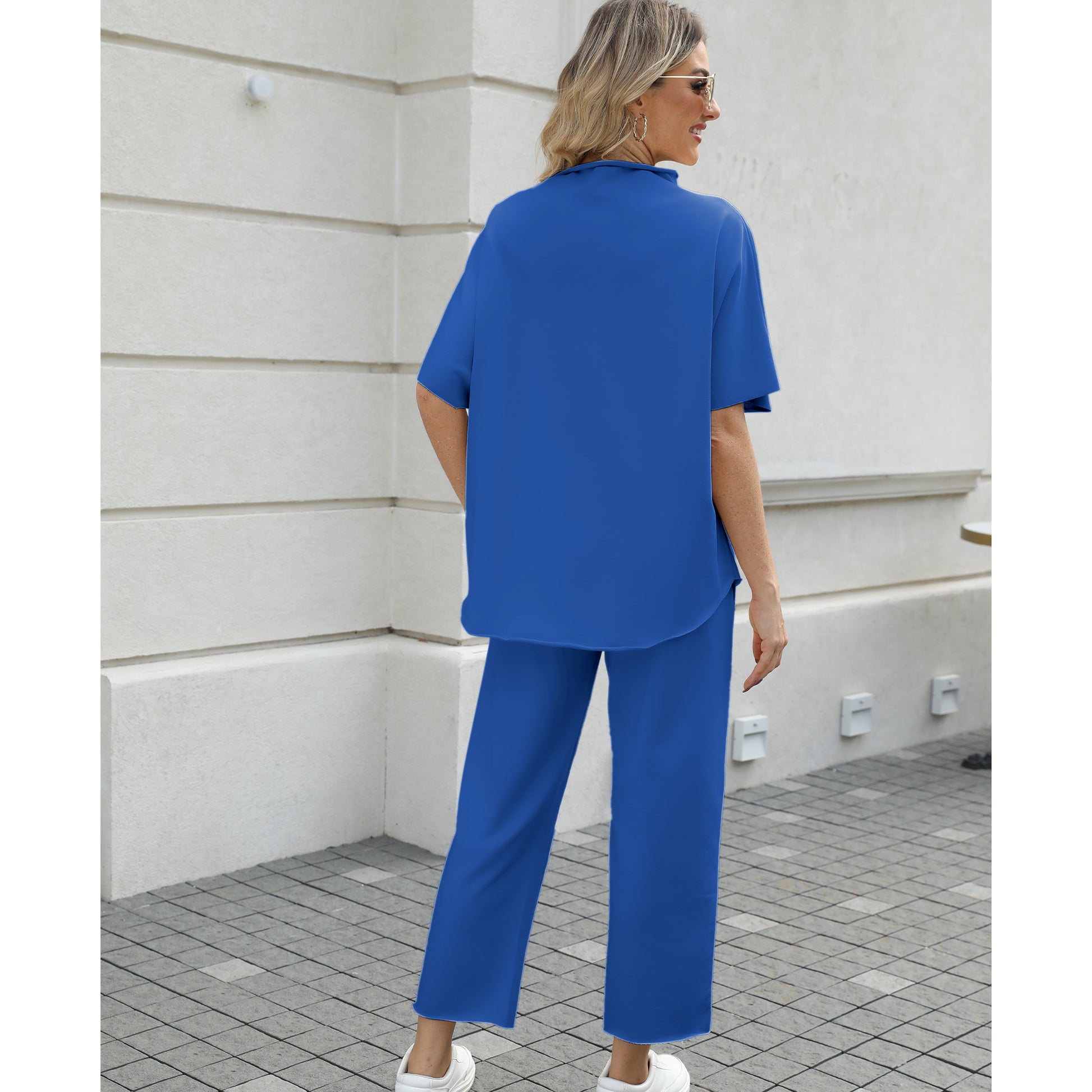 Women's Two Piece Outfits 3/4 Batwing Sleeve Capelet Crew Neck Pullover Top Wide Leg Pants Lounge Set