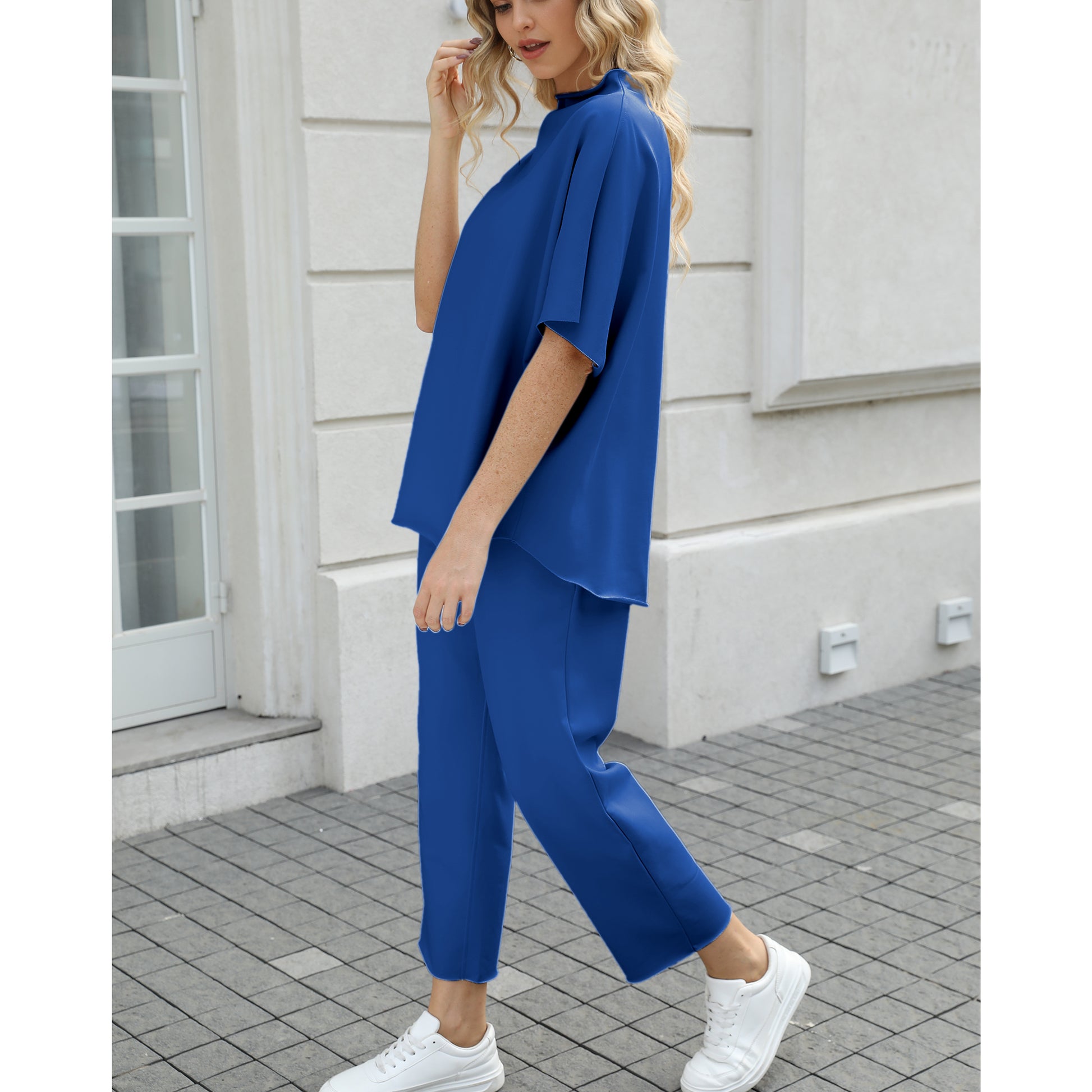 Women's Two Piece Outfits 3/4 Batwing Sleeve Capelet Crew Neck Pullover Top Wide Leg Pants Lounge Set