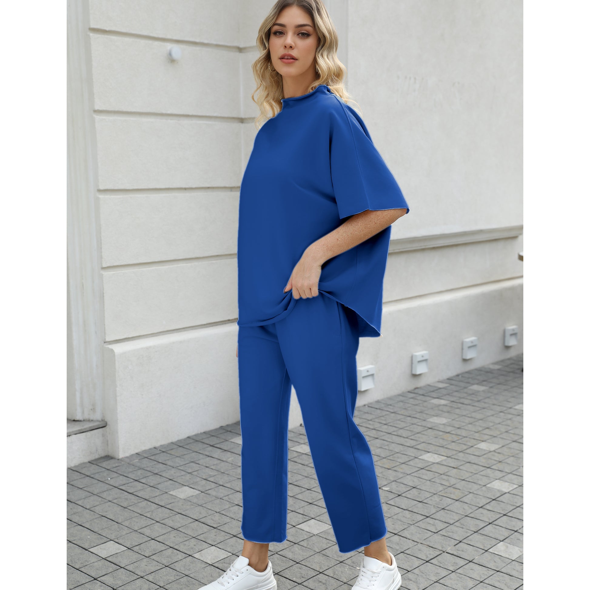 Women's Two Piece Outfits 3/4 Batwing Sleeve Capelet Crew Neck Pullover Top Wide Leg Pants Lounge Set