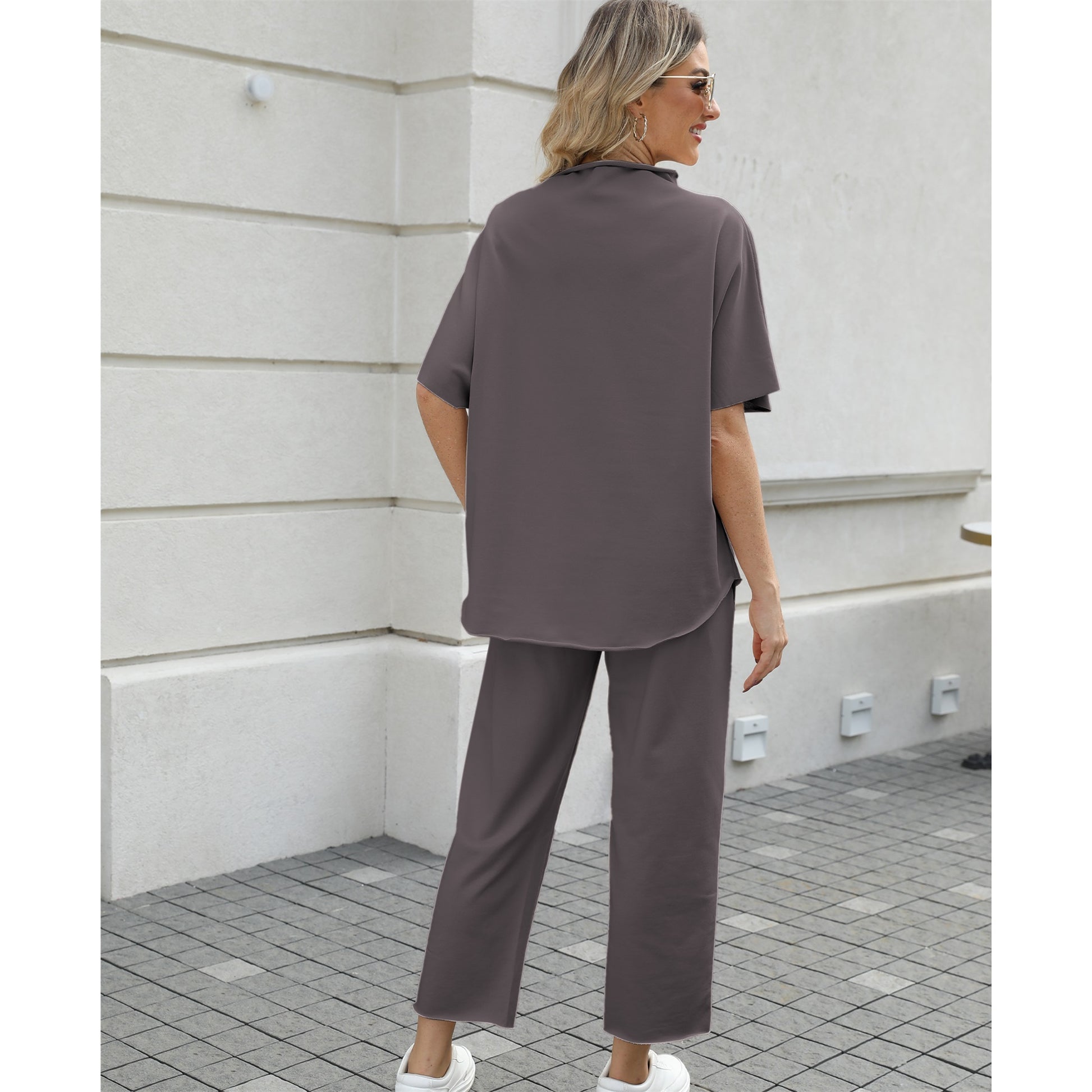 Women's Two Piece Outfits 3/4 Batwing Sleeve Capelet Crew Neck Pullover Top Wide Leg Pants Lounge Set