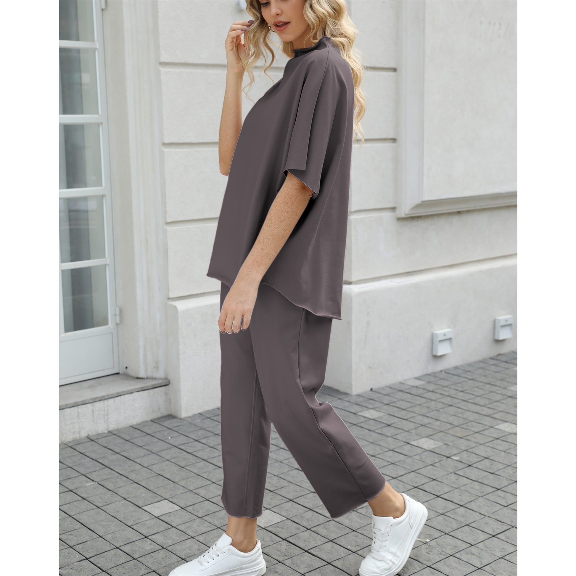 Women's Two Piece Outfits 3/4 Batwing Sleeve Capelet Crew Neck Pullover Top Wide Leg Pants Lounge Set