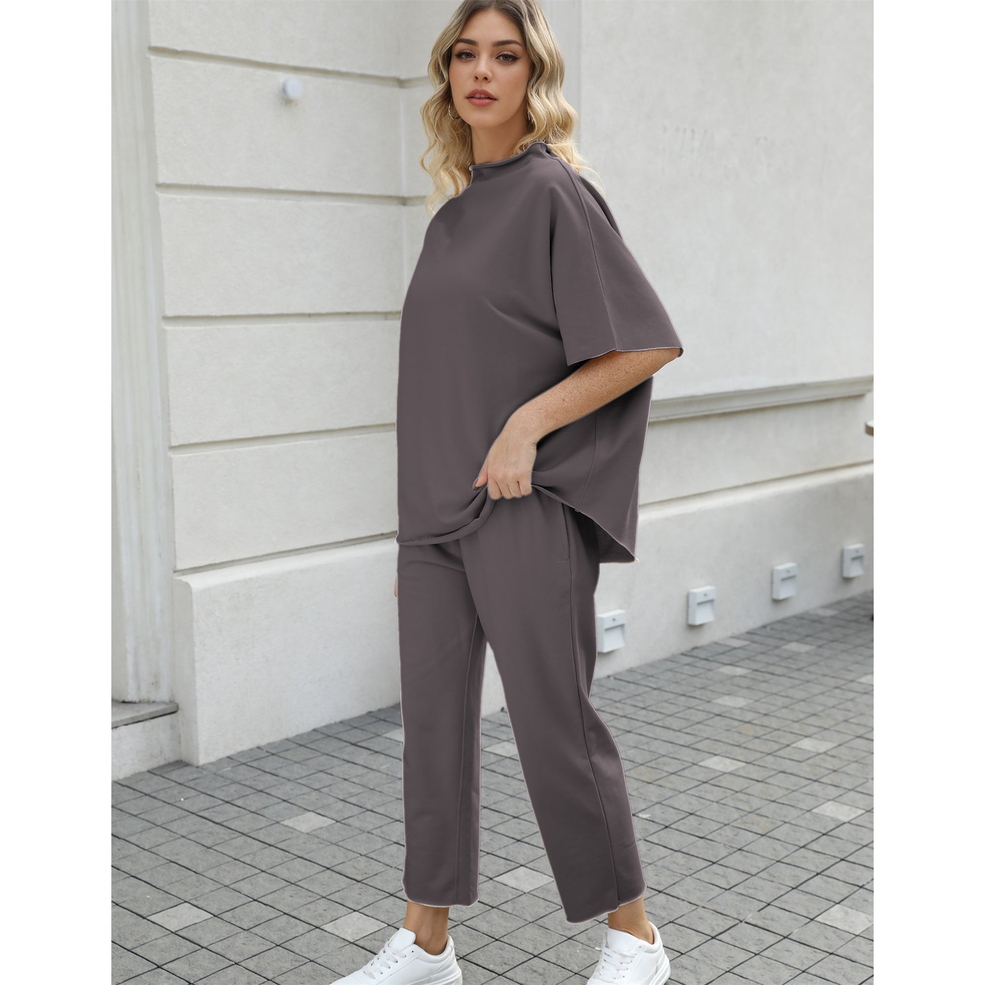 Women's Two Piece Outfits 3/4 Batwing Sleeve Capelet Crew Neck Pullover Top Wide Leg Pants Lounge Set