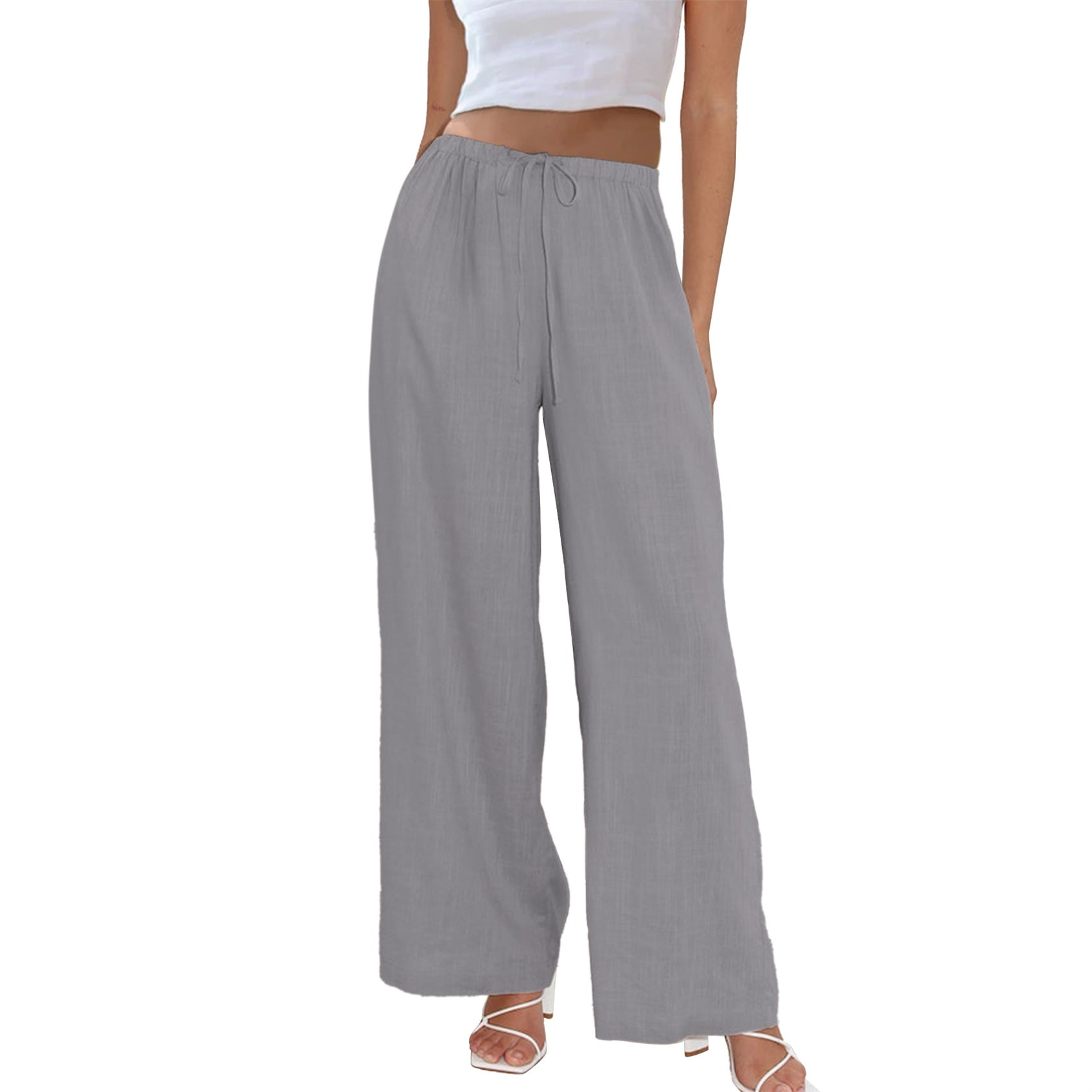 Womens Cotton Linen Palazzo Pants Drawstring Elastic Waist Casual Wide Leg Trousers with Pockets