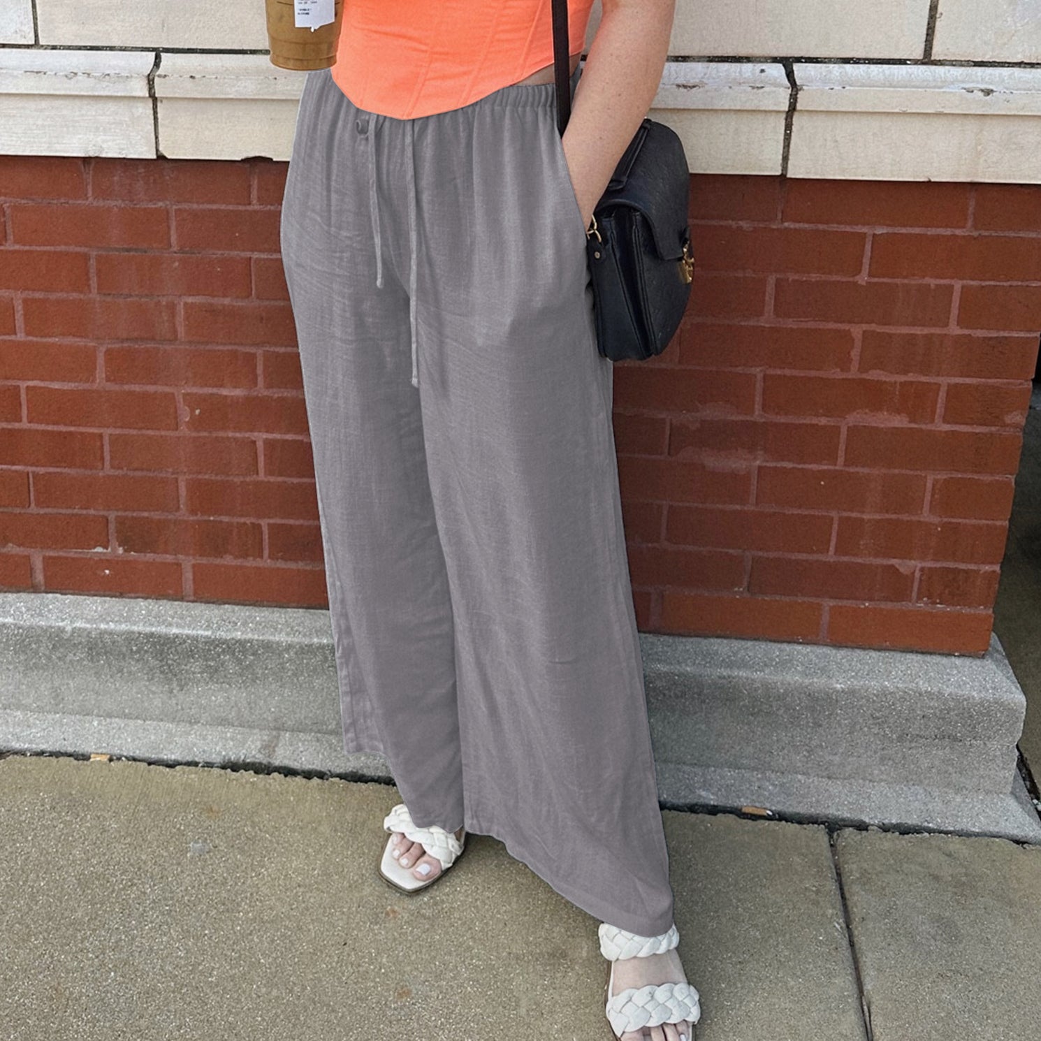 Womens Cotton Linen Palazzo Pants Drawstring Elastic Waist Casual Wide Leg Trousers with Pockets