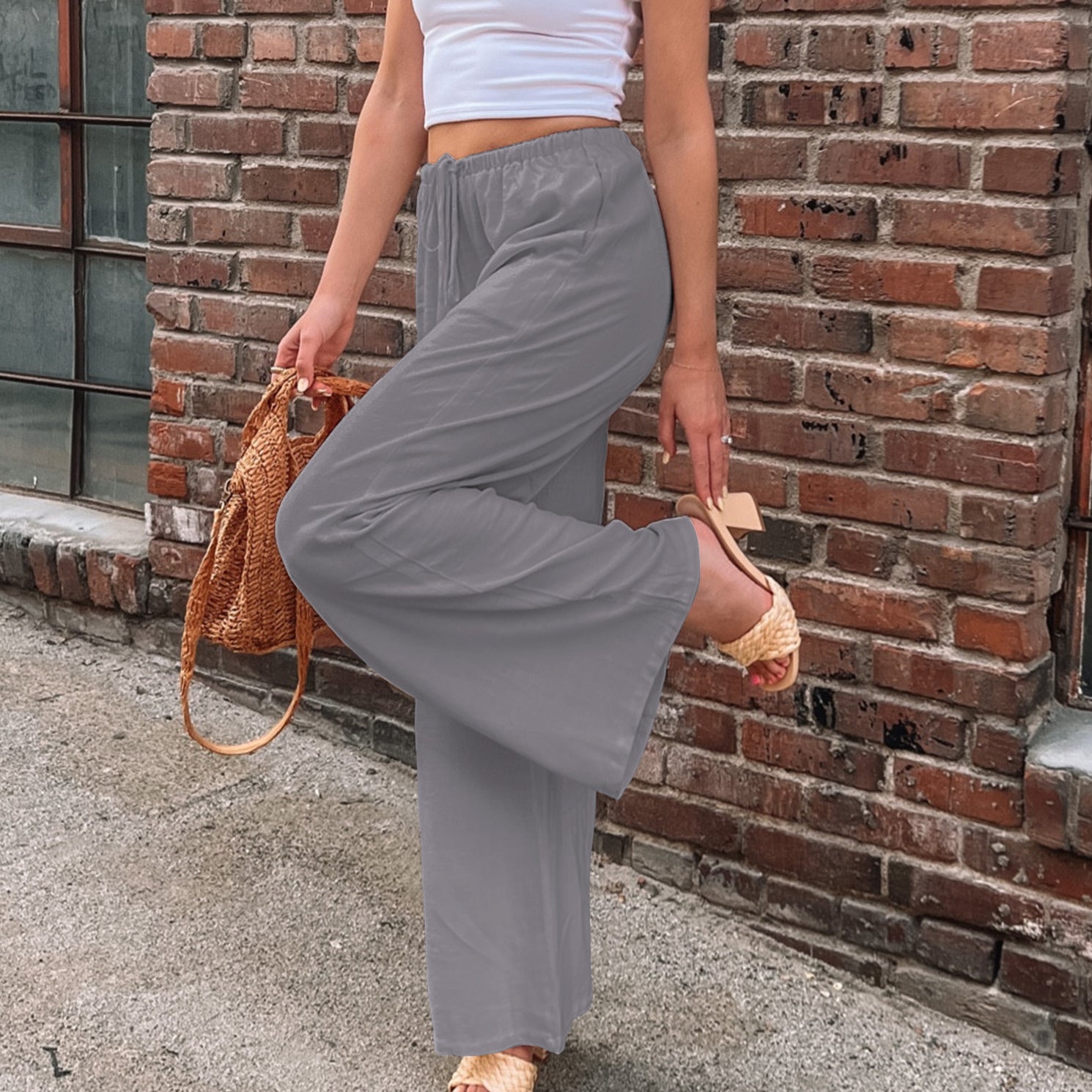 Womens Cotton Linen Palazzo Pants Drawstring Elastic Waist Casual Wide Leg Trousers with Pockets