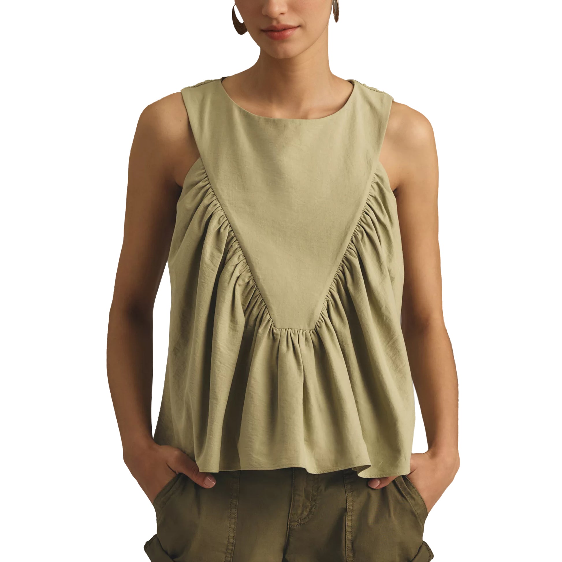 Shirred Swing Tank Tops for Women Fashion Flowy Sleeveless Shirts Casual Crew Neck Blouse Loose Fit Ruffled Tops
