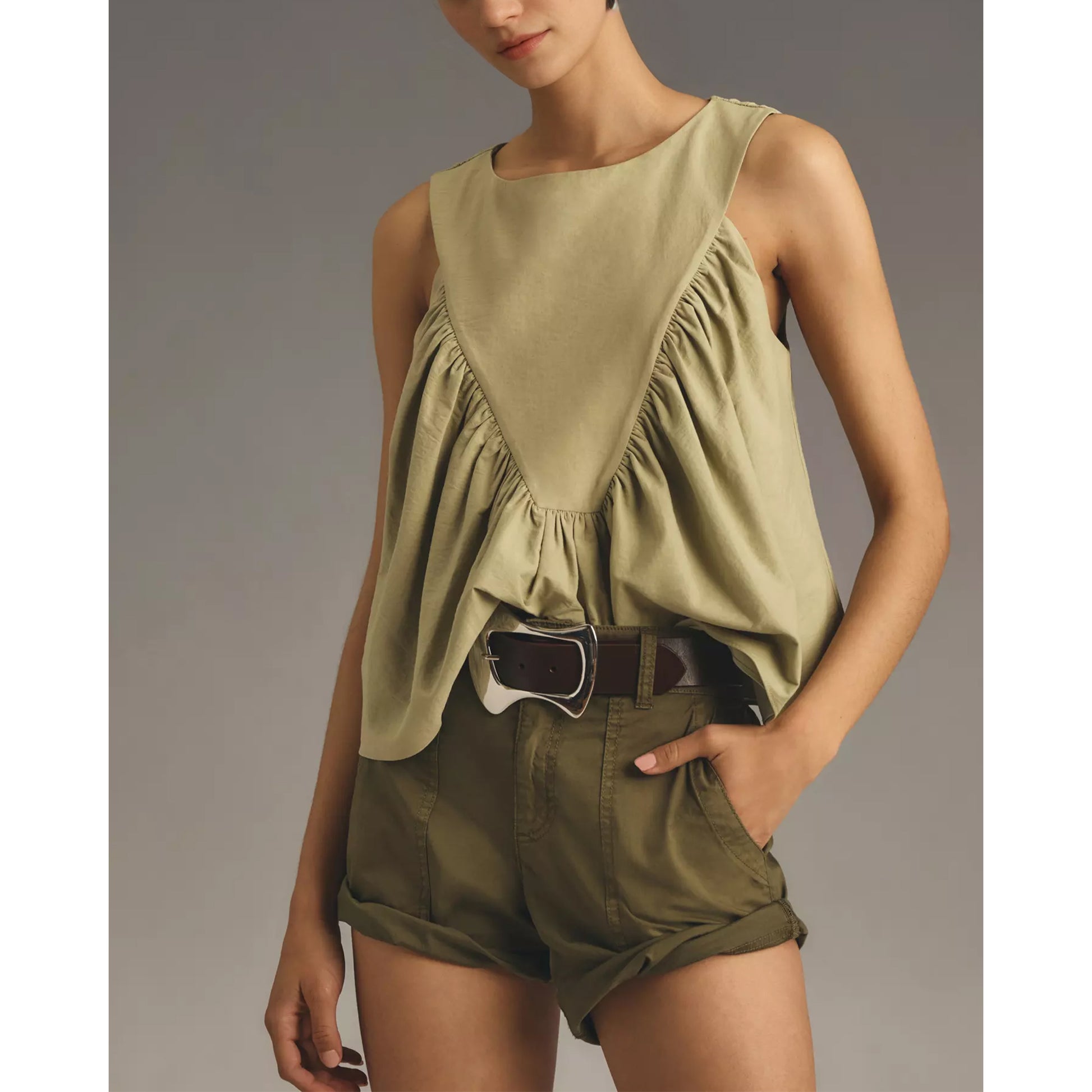 Shirred Swing Tank Tops for Women Fashion Flowy Sleeveless Shirts Casual Crew Neck Blouse Loose Fit Ruffled Tops