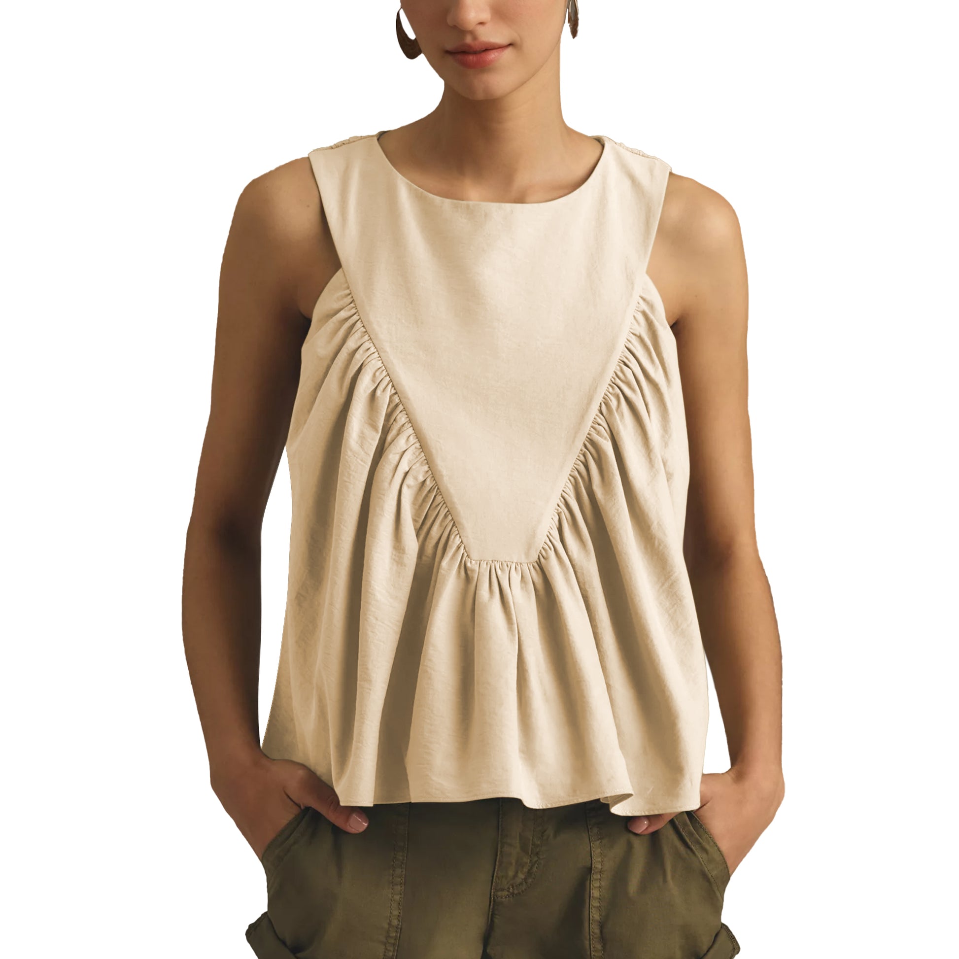 Shirred Swing Tank Tops for Women Fashion Flowy Sleeveless Shirts Casual Crew Neck Blouse Loose Fit Ruffled Tops