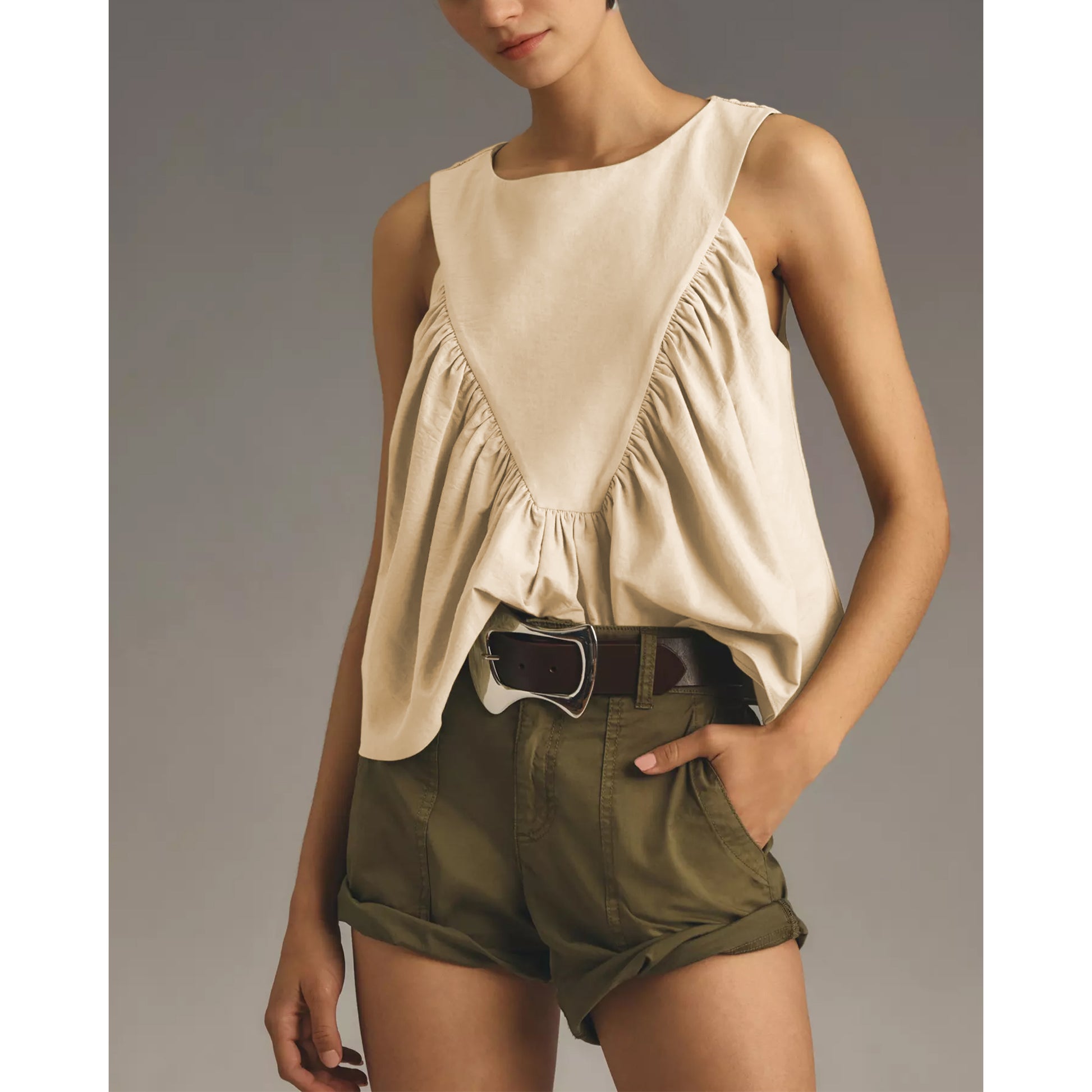 Shirred Swing Tank Tops for Women Fashion Flowy Sleeveless Shirts Casual Crew Neck Blouse Loose Fit Ruffled Tops