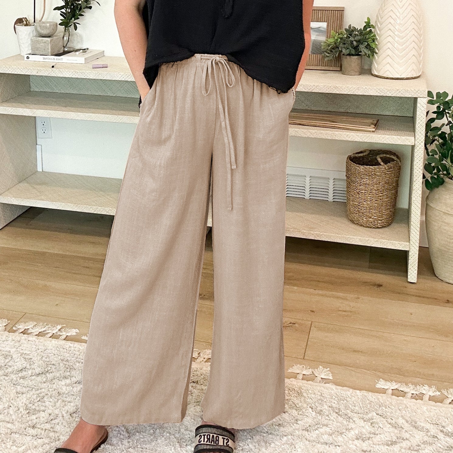 Womens Cotton Linen Palazzo Pants Drawstring Elastic Waist Casual Wide Leg Trousers with Pockets