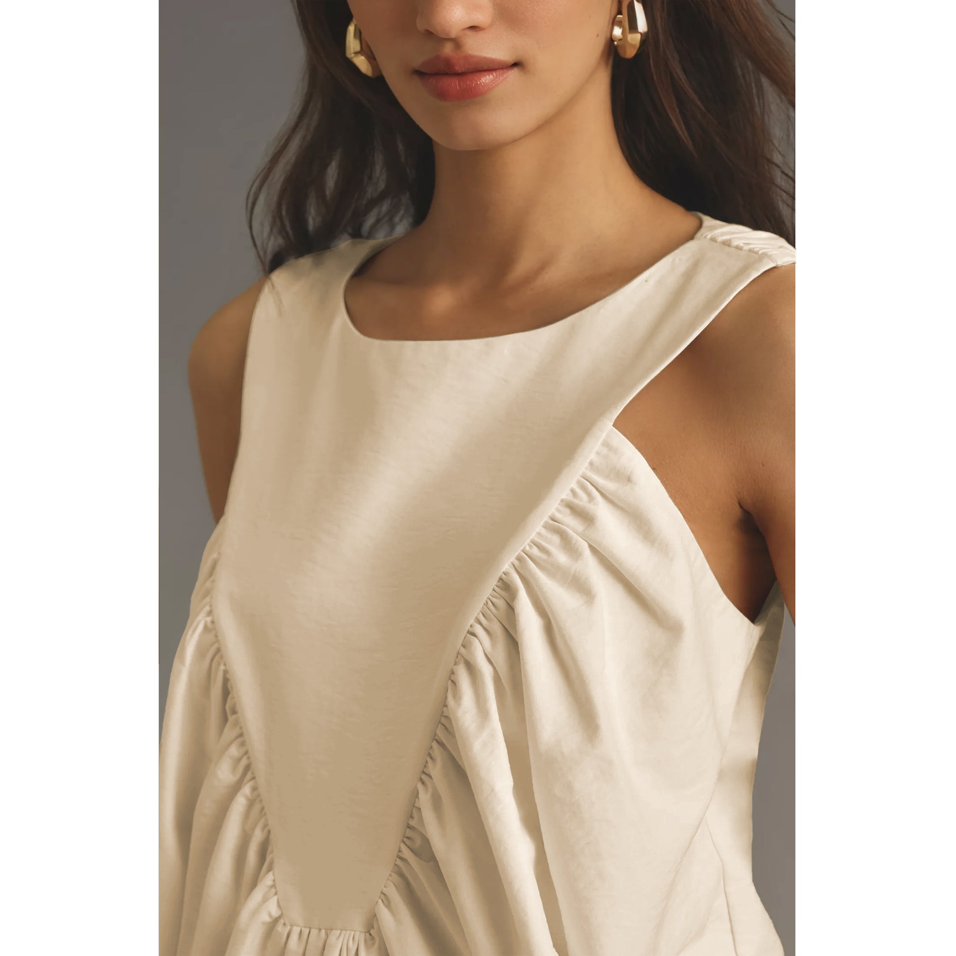 Shirred Swing Tank Tops for Women Fashion Flowy Sleeveless Shirts Casual Crew Neck Blouse Loose Fit Ruffled Tops
