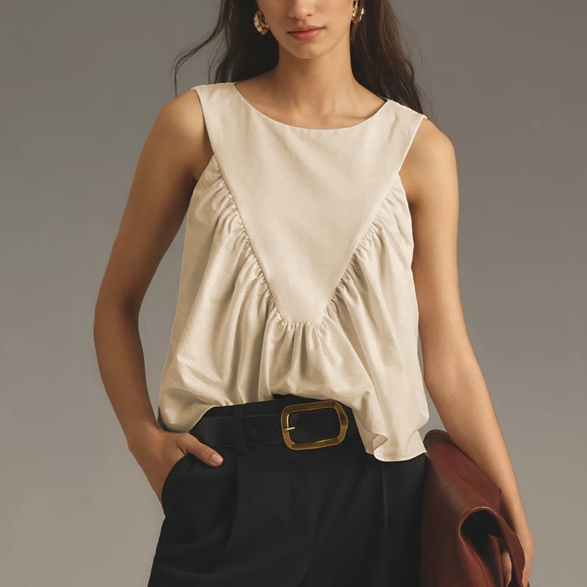 Shirred Swing Tank Tops for Women Fashion Flowy Sleeveless Shirts Casual Crew Neck Blouse Loose Fit Ruffled Tops