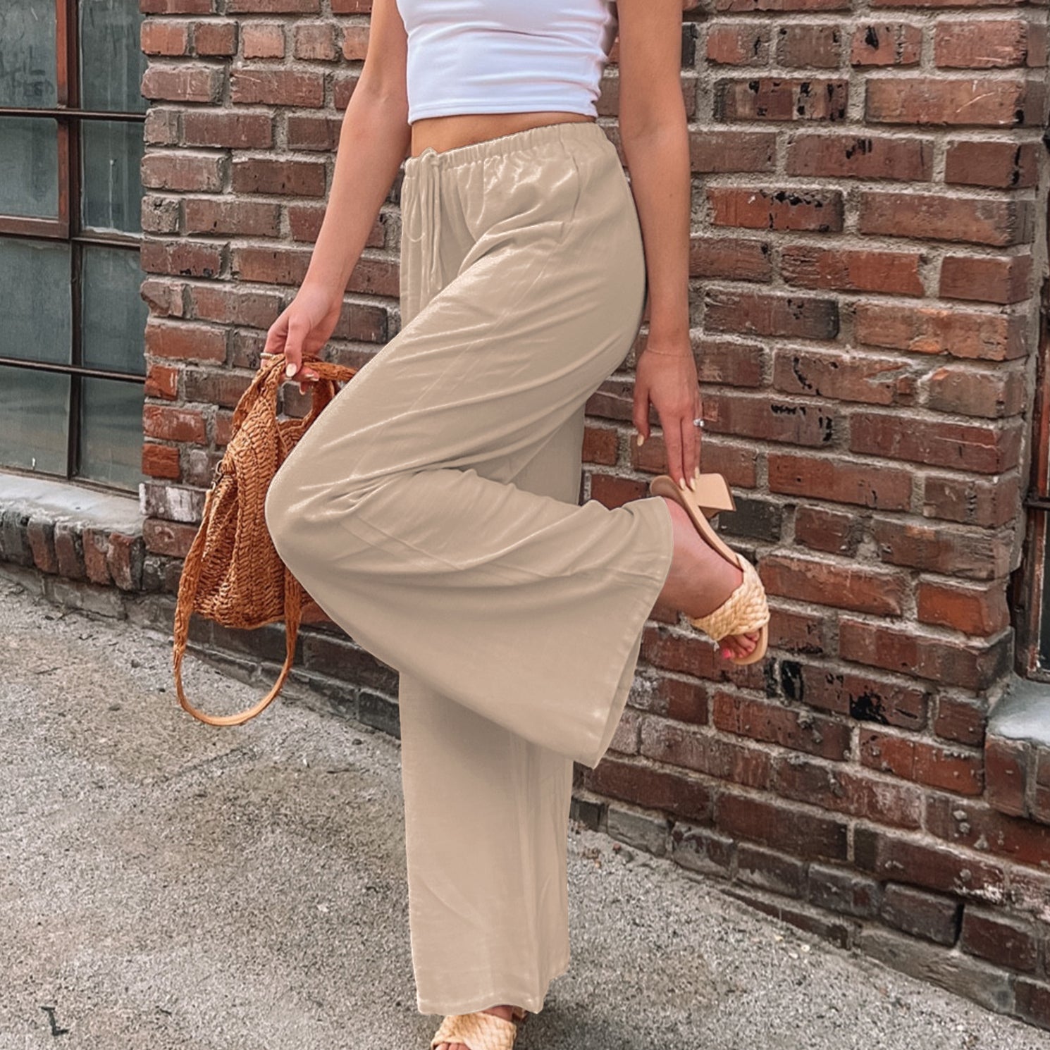Womens Cotton Linen Palazzo Pants Drawstring Elastic Waist Casual Wide Leg Trousers with Pockets