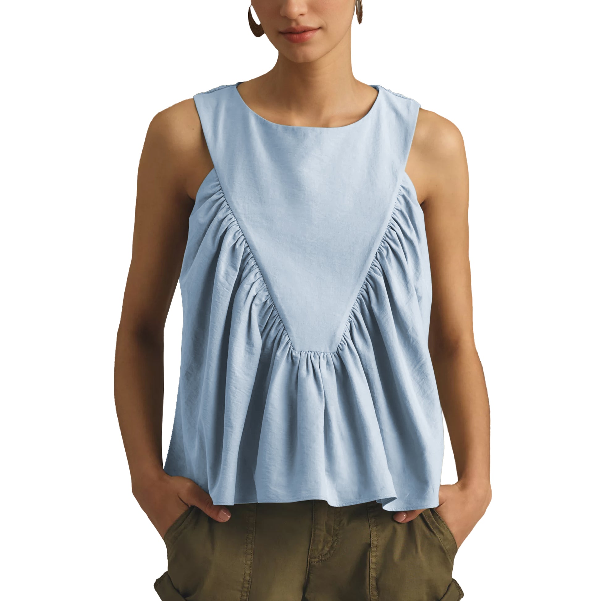 Shirred Swing Tank Tops for Women Fashion Flowy Sleeveless Shirts Casual Crew Neck Blouse Loose Fit Ruffled Tops
