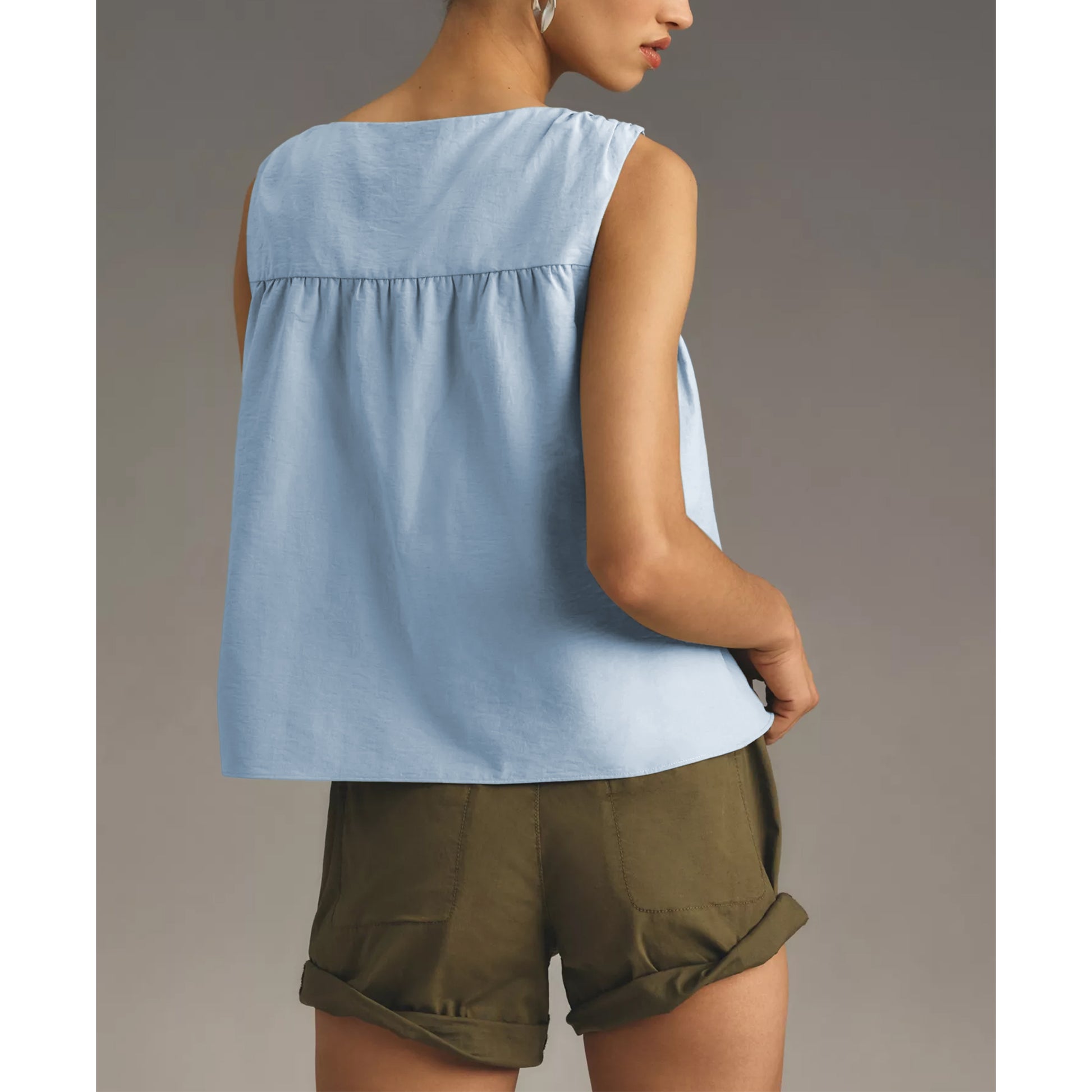 Shirred Swing Tank Tops for Women Fashion Flowy Sleeveless Shirts Casual Crew Neck Blouse Loose Fit Ruffled Tops