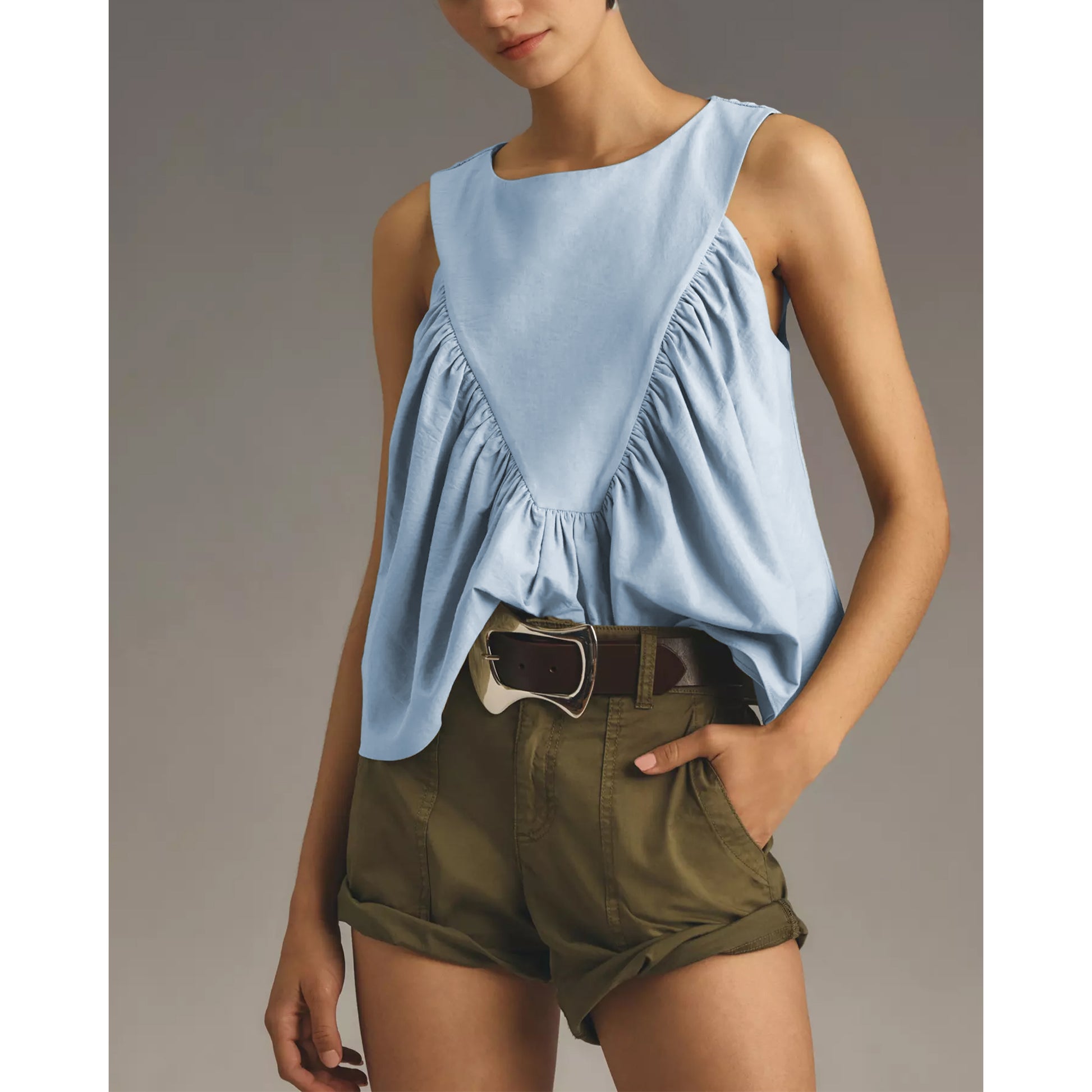 Shirred Swing Tank Tops for Women Fashion Flowy Sleeveless Shirts Casual Crew Neck Blouse Loose Fit Ruffled Tops