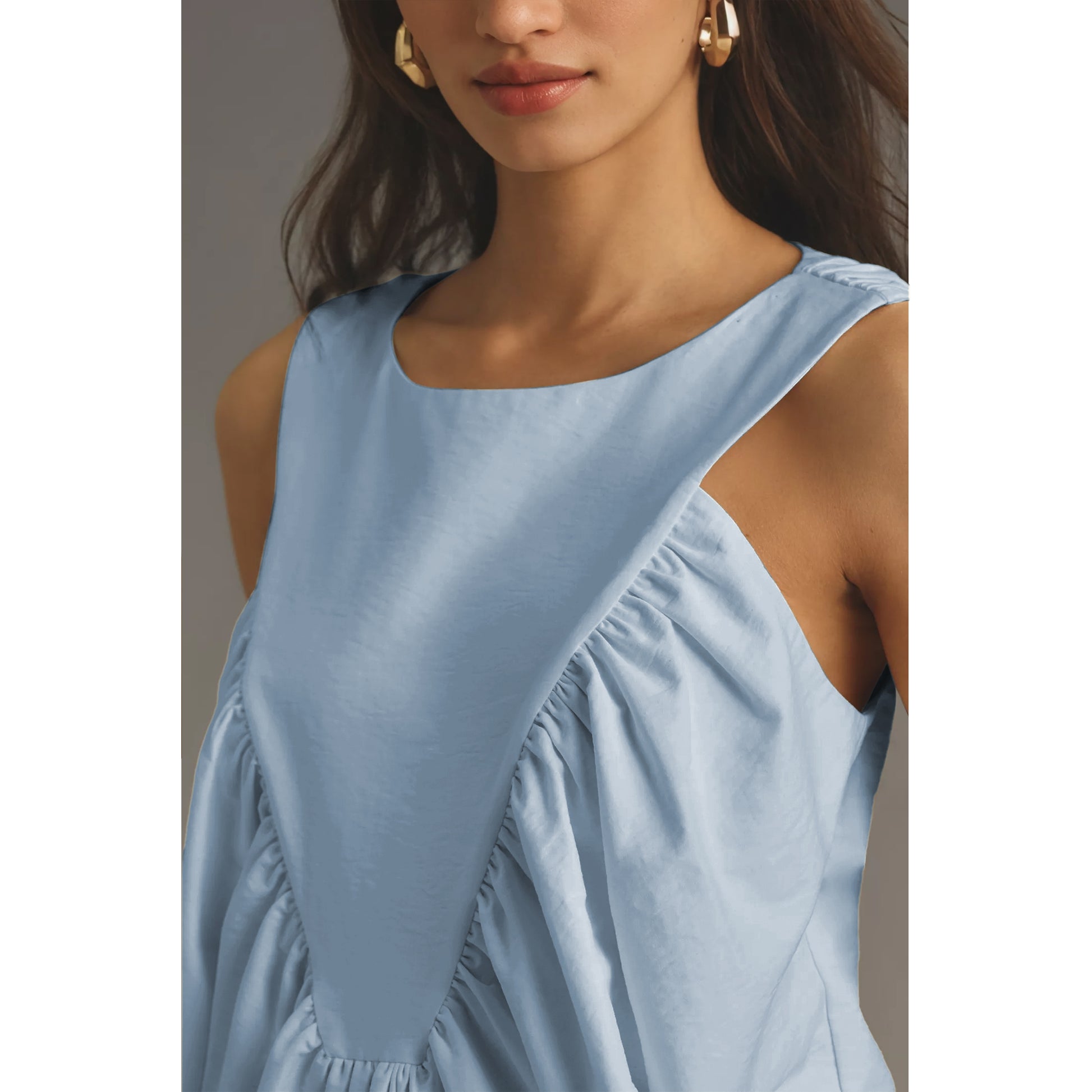 Shirred Swing Tank Tops for Women Fashion Flowy Sleeveless Shirts Casual Crew Neck Blouse Loose Fit Ruffled Tops