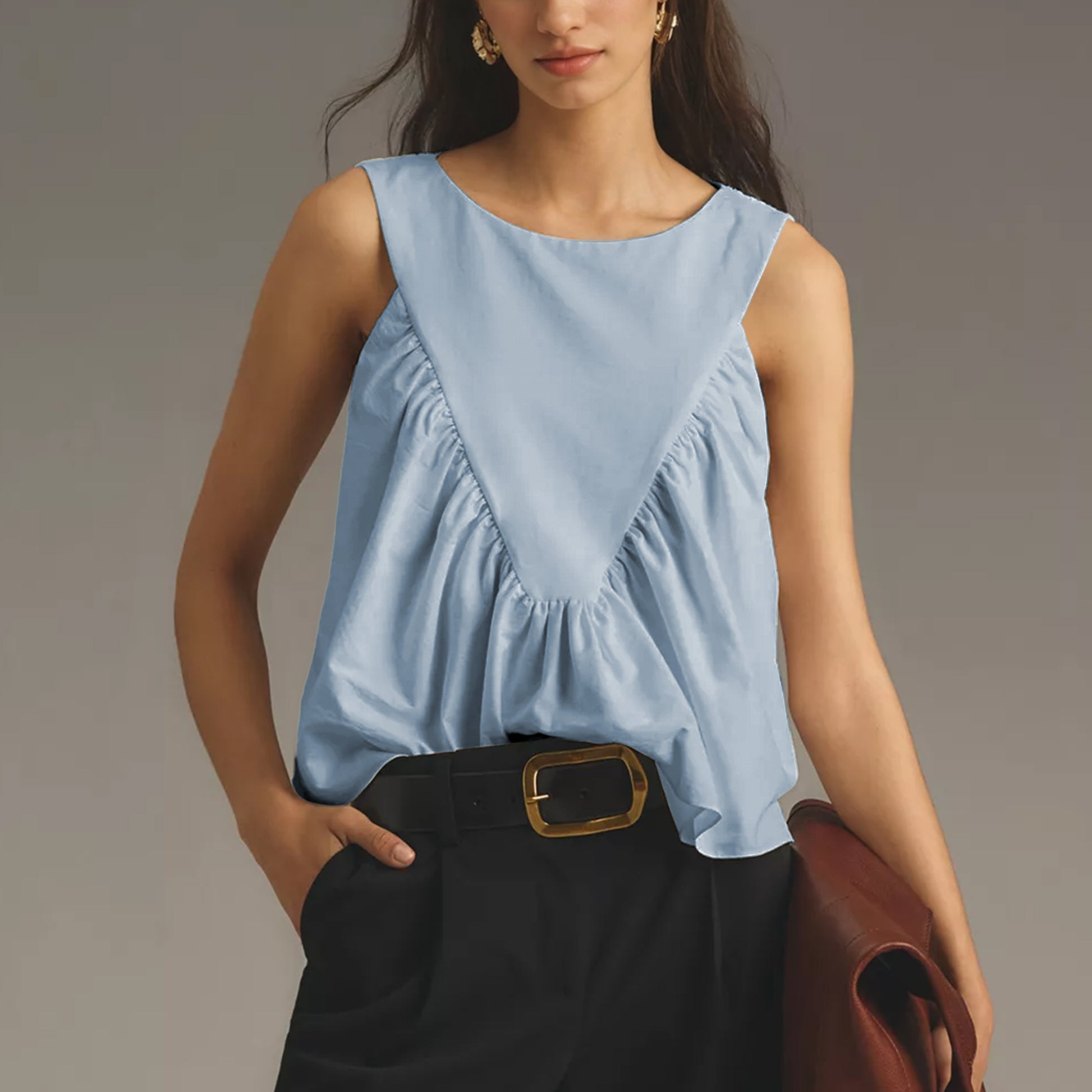 Shirred Swing Tank Tops for Women Fashion Flowy Sleeveless Shirts Casual Crew Neck Blouse Loose Fit Ruffled Tops