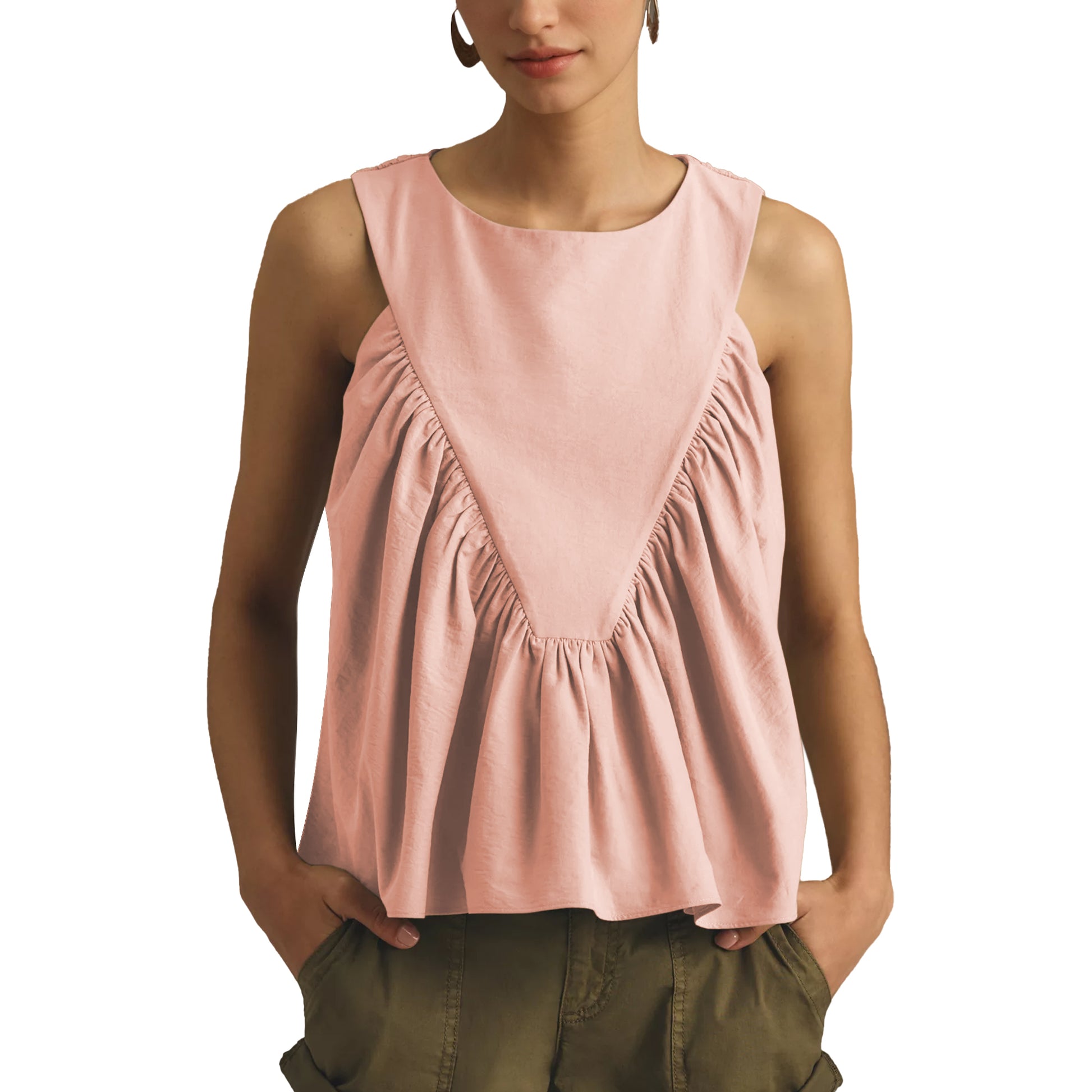 Shirred Swing Tank Tops for Women Fashion Flowy Sleeveless Shirts Casual Crew Neck Blouse Loose Fit Ruffled Tops