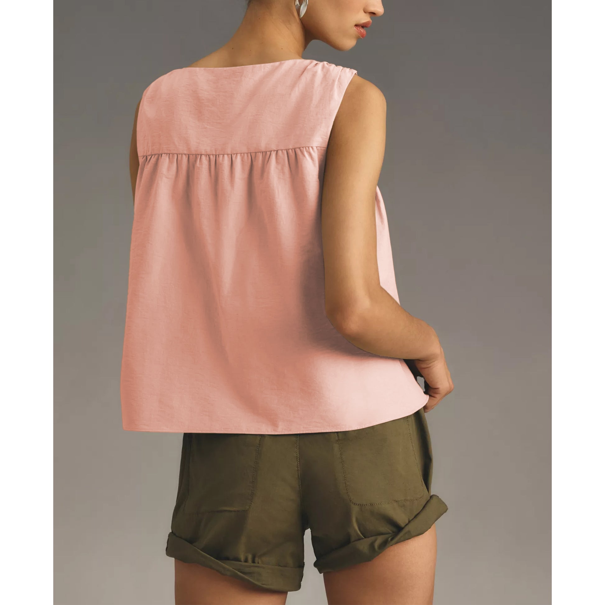 Shirred Swing Tank Tops for Women Fashion Flowy Sleeveless Shirts Casual Crew Neck Blouse Loose Fit Ruffled Tops